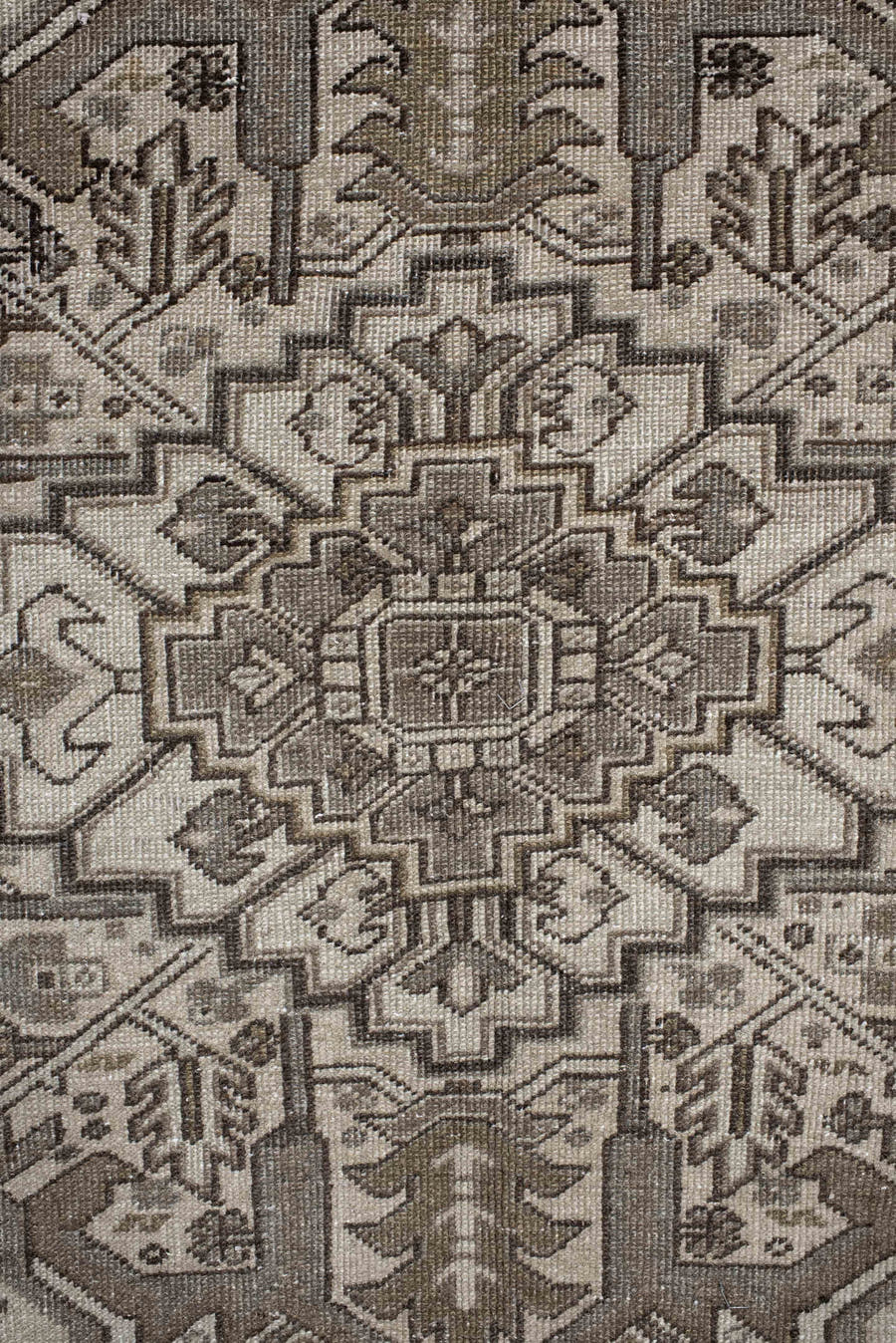 9' x 12' one-of-a-kind handmade antique Heriz large size rug. Color palette: taupe, ivory, brown, camel, charcoal, beige