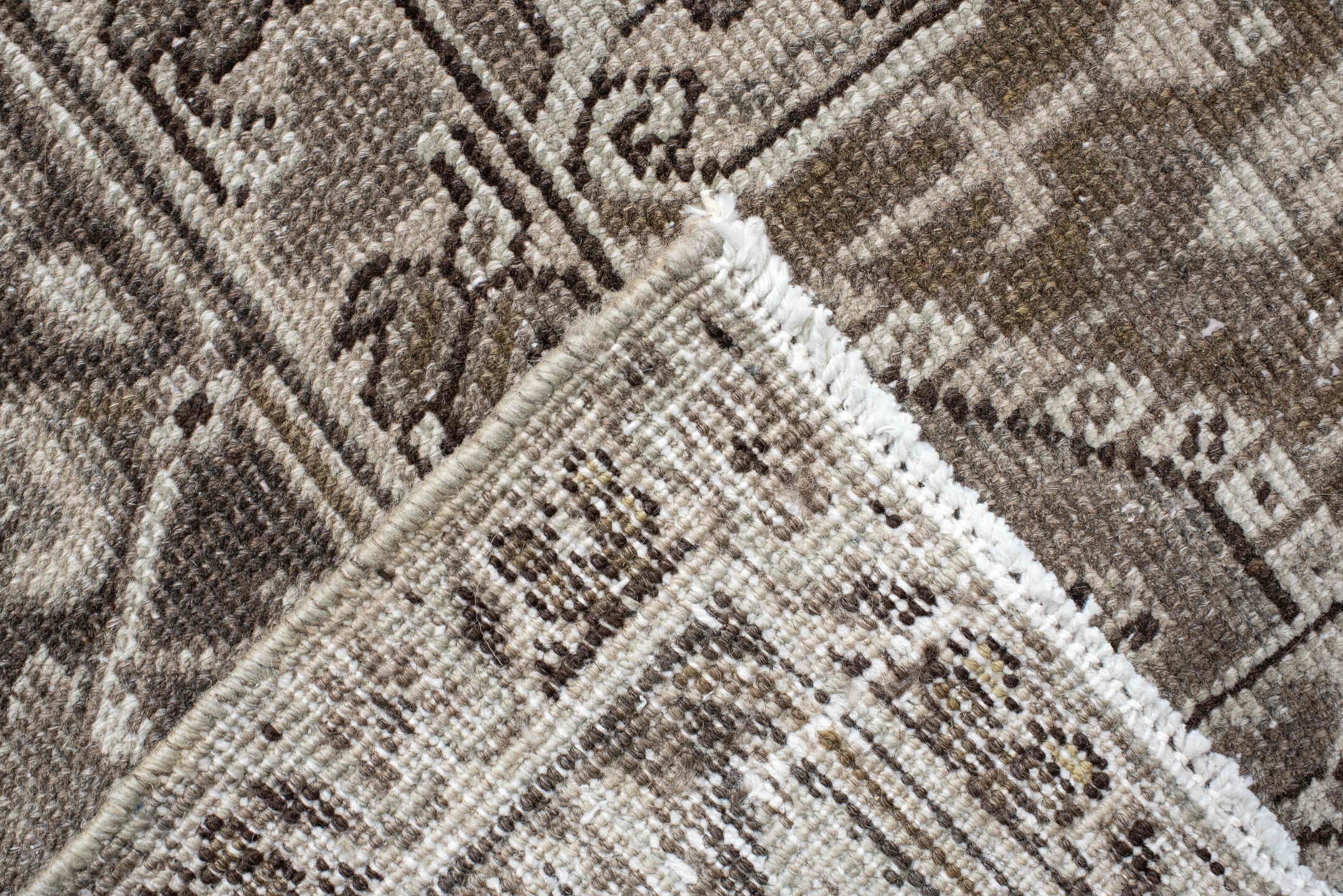 9' x 12' one-of-a-kind handmade vintage Heriz large size rug. Color palette: brown, gray, light gray, off-white, pink