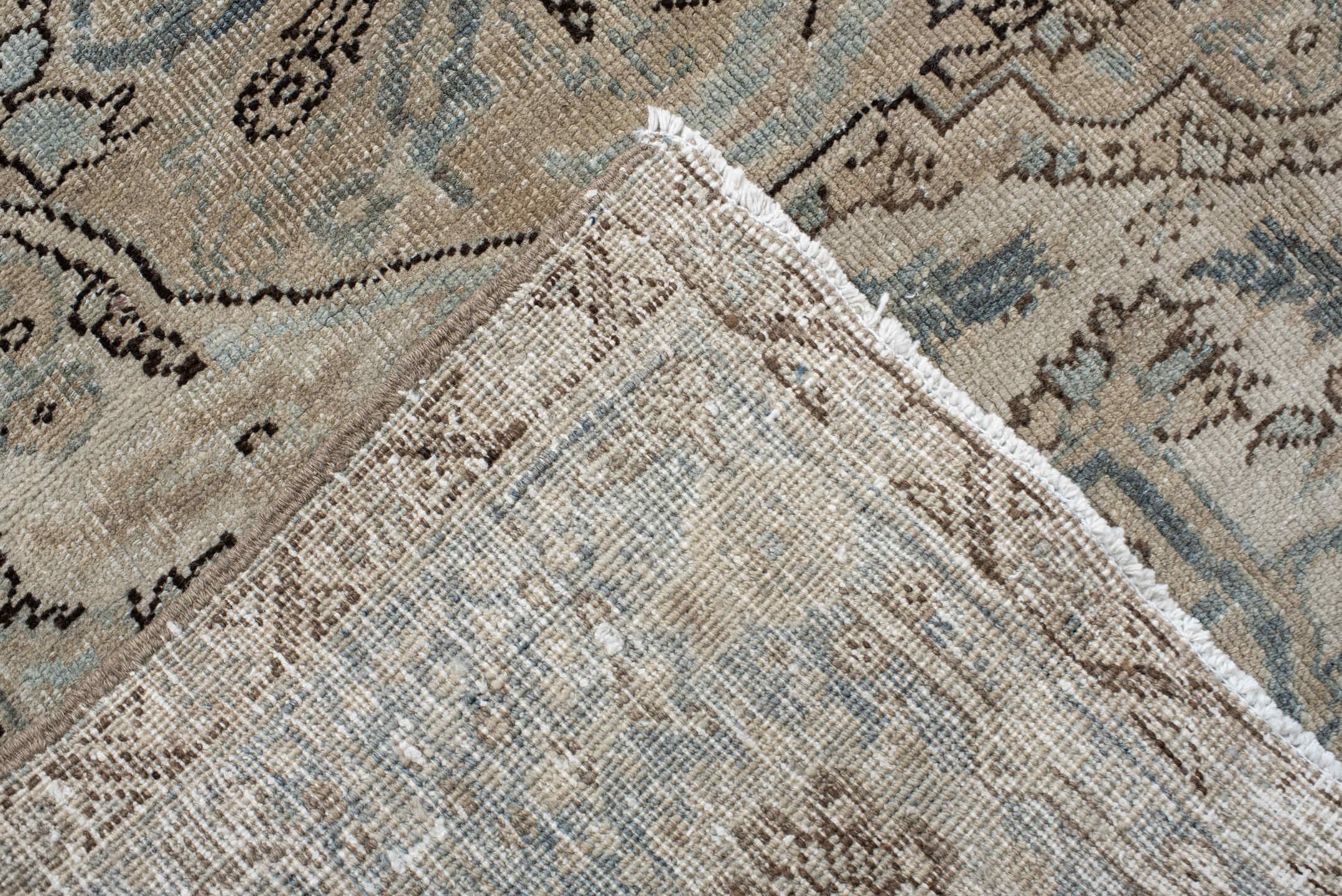 8' x 11' one-of-a-kind handmade antique Heriz large size rug. Color palette: ivory, sky blue, taupe, charcoal, beige, slate