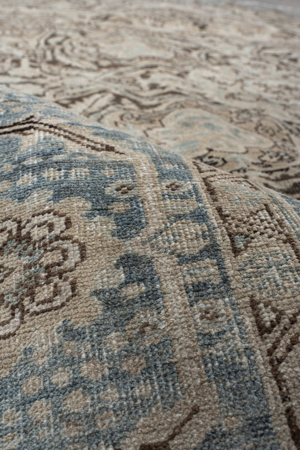 8' x 11' one-of-a-kind handmade antique Heriz large size rug. Color palette: ivory, sky blue, taupe, charcoal, beige, slate
