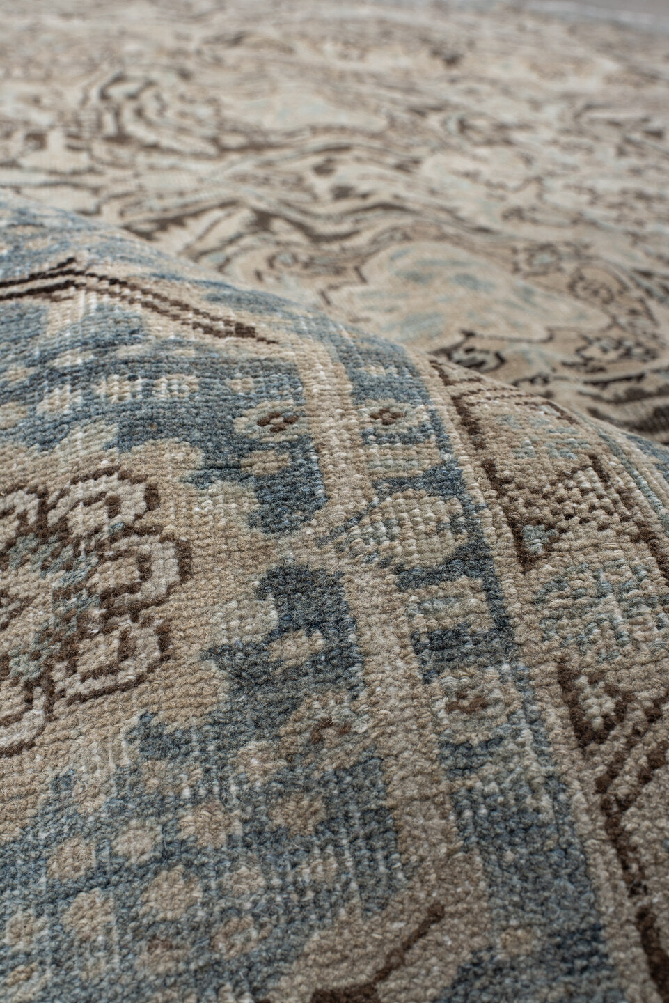 8' x 11' one-of-a-kind handmade antique Heriz large size rug. Color palette: ivory, sky blue, taupe, charcoal, beige, slate