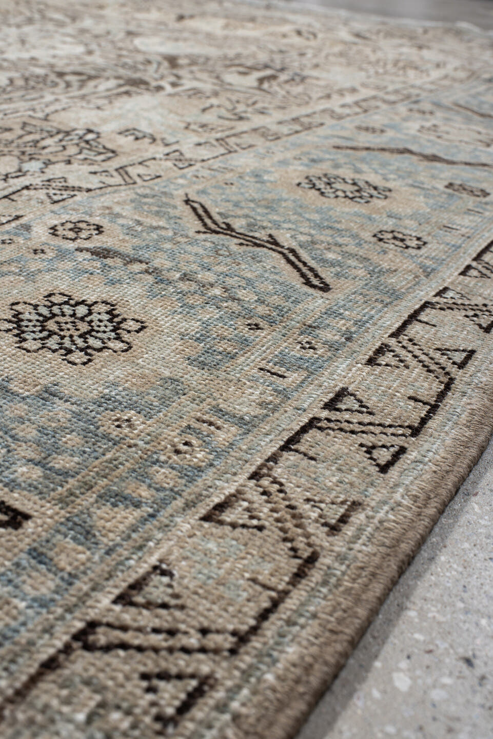 8' x 11' one-of-a-kind handmade antique Heriz large size rug. Color palette: ivory, sky blue, taupe, charcoal, beige, slate