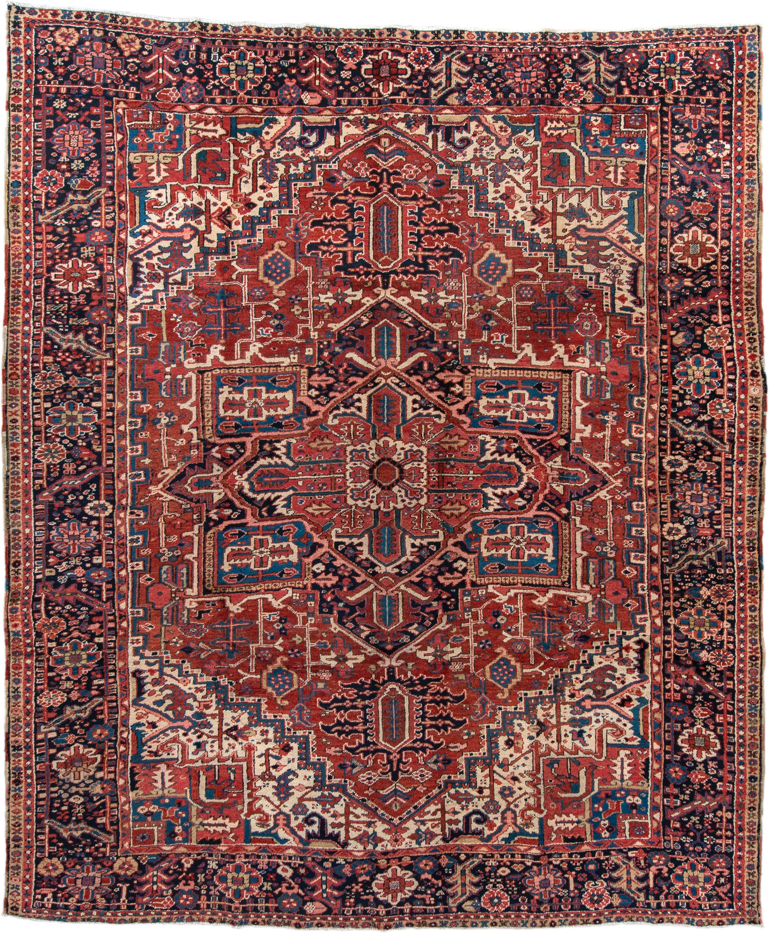 9' x 10' one-of-a-kind handmade antique Heriz large size rug. Color palette: rust, navy, ivory, sky_blue, crimson, camel