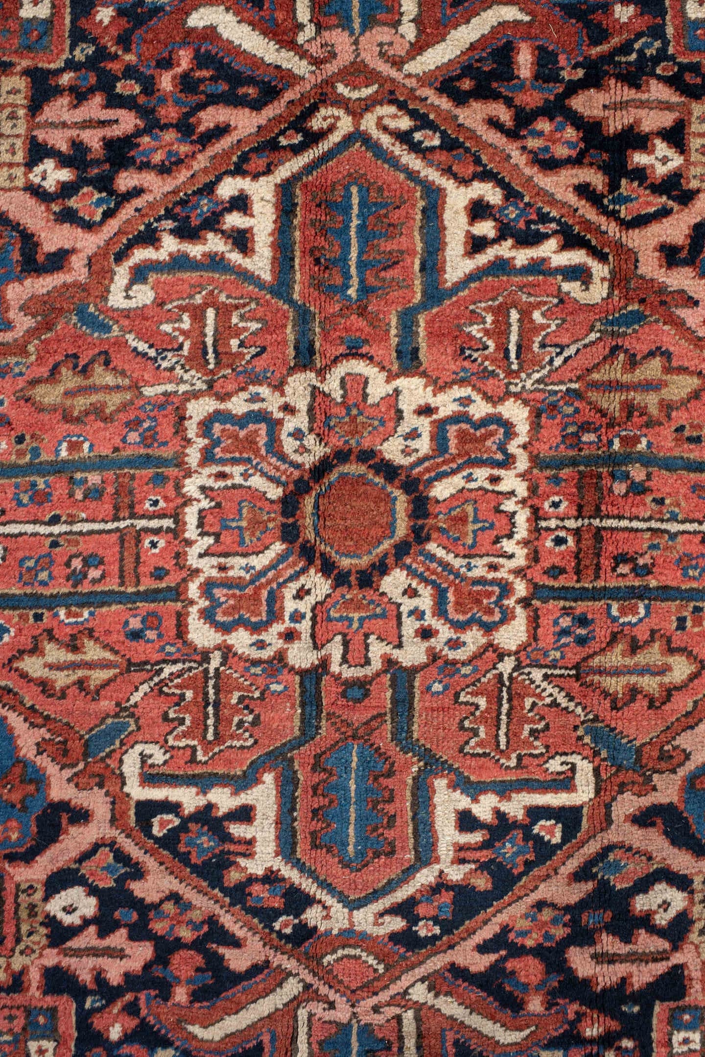 9' x 10' one-of-a-kind handmade antique Heriz large size rug. Color palette: rust, navy, ivory, sky_blue, crimson, camel