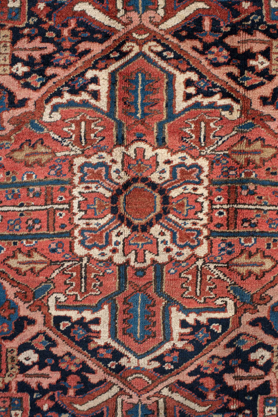 9' x 10' one-of-a-kind handmade antique Heriz large size rug. Color palette: rust, navy, ivory, sky_blue, crimson, camel