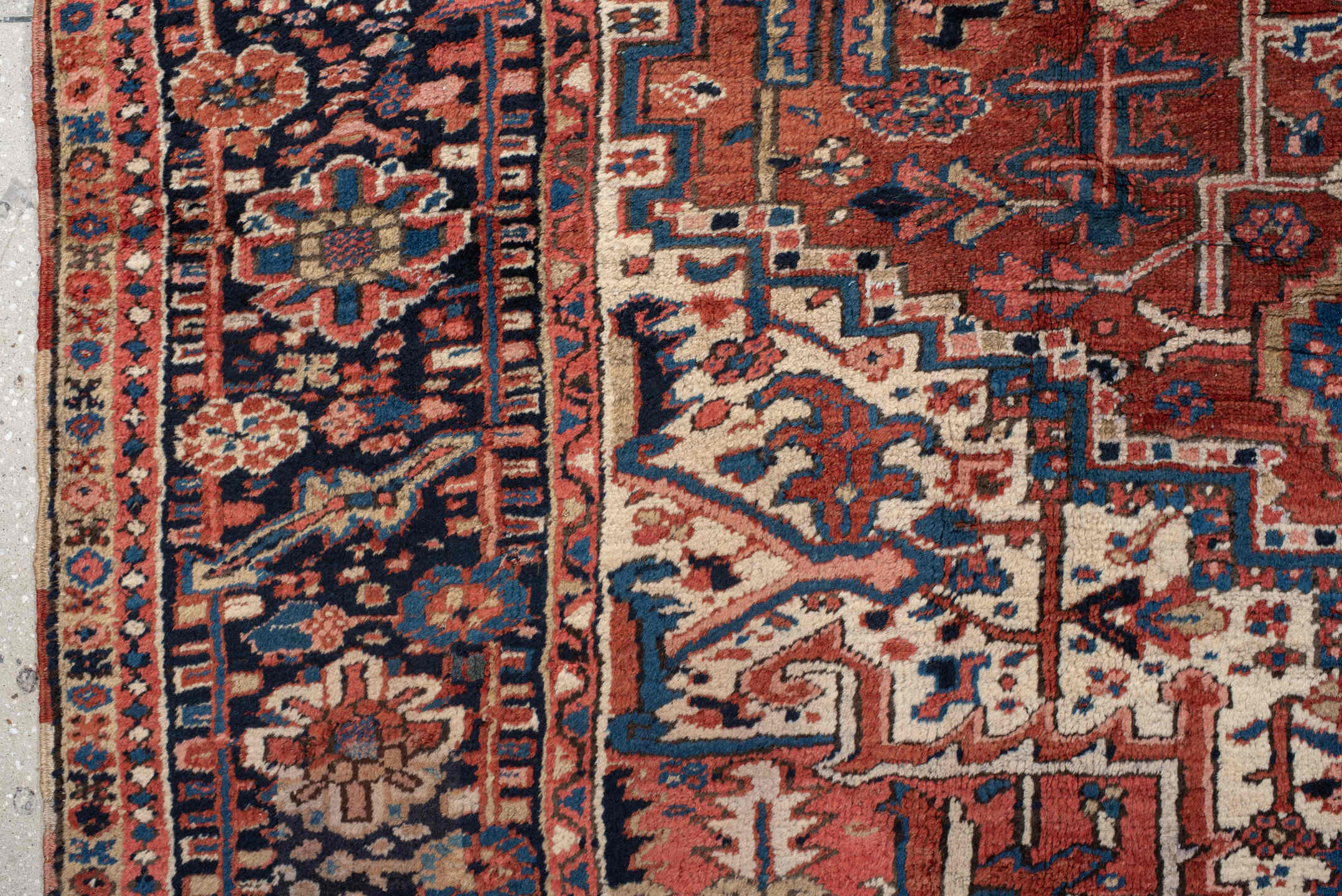 9' x 10' one-of-a-kind handmade antique Heriz large size rug. Color palette: rust, navy, ivory, sky_blue, crimson, camel