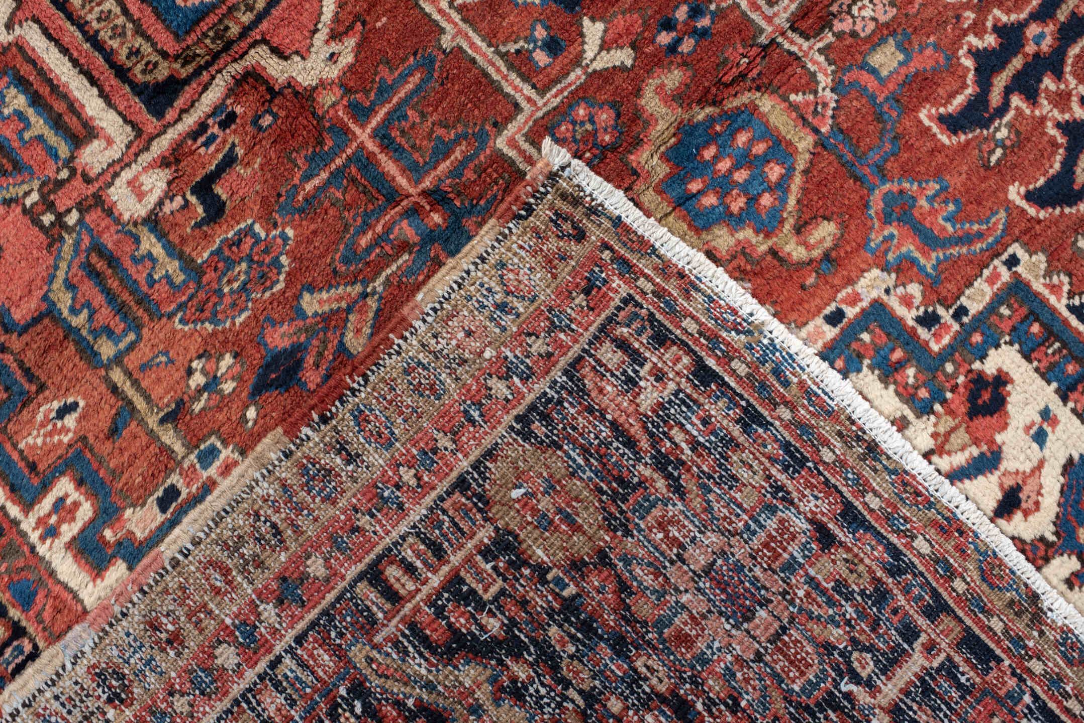 9' x 10' one-of-a-kind handmade antique Heriz large size rug. Color palette: rust, navy, ivory, sky_blue, crimson, camel