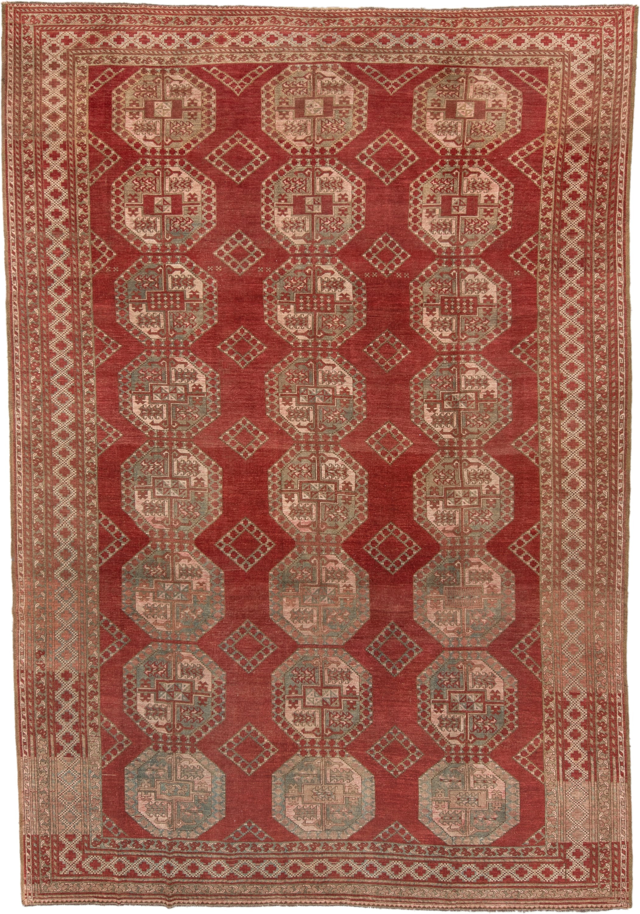 8' x 12' one-of-a-kind handmade antique Afghan large size rug. Color palette: rust, ivory, rose, sage, terra cotta, taupe