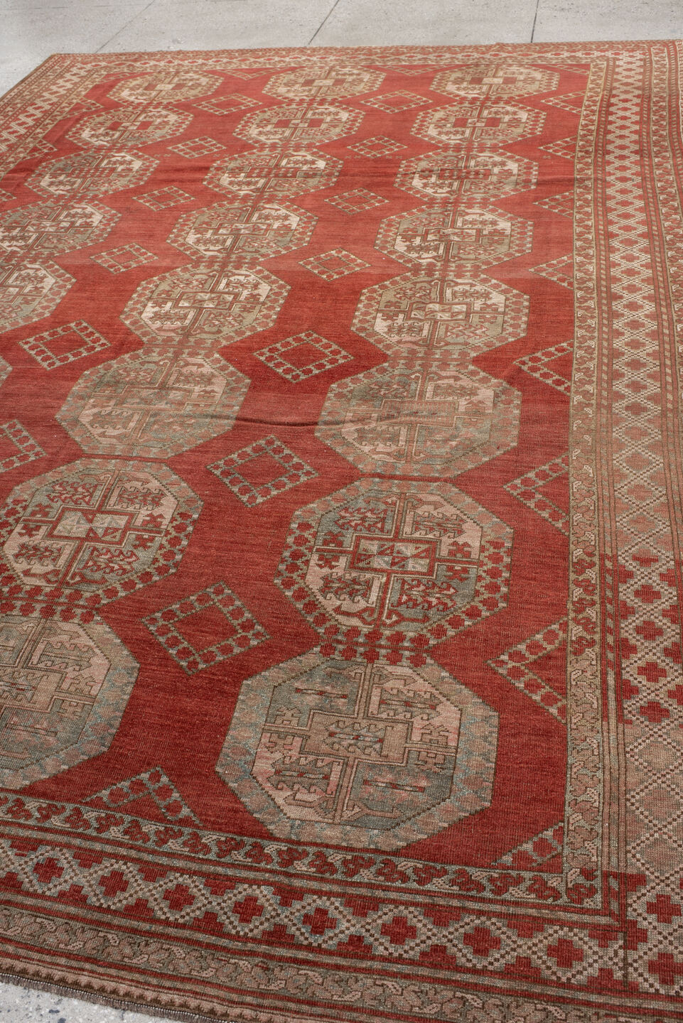 8' x 12' one-of-a-kind handmade antique Afghan large size rug. Color palette: rust, ivory, rose, sage, terra cotta, taupe