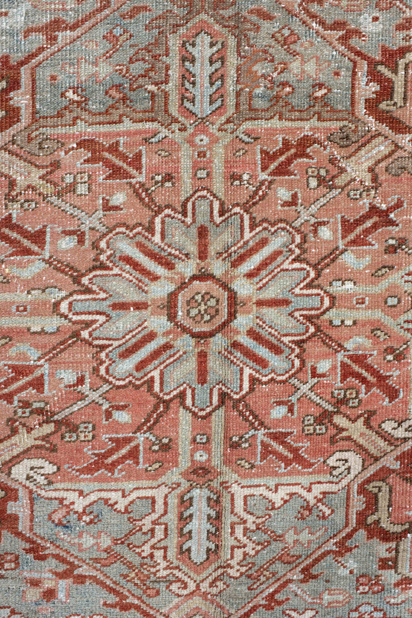 8' x 11' one-of-a-kind handmade vintage Heriz large size rug. Color palette: rust, pale blue, ivory, terra cotta, taupe
