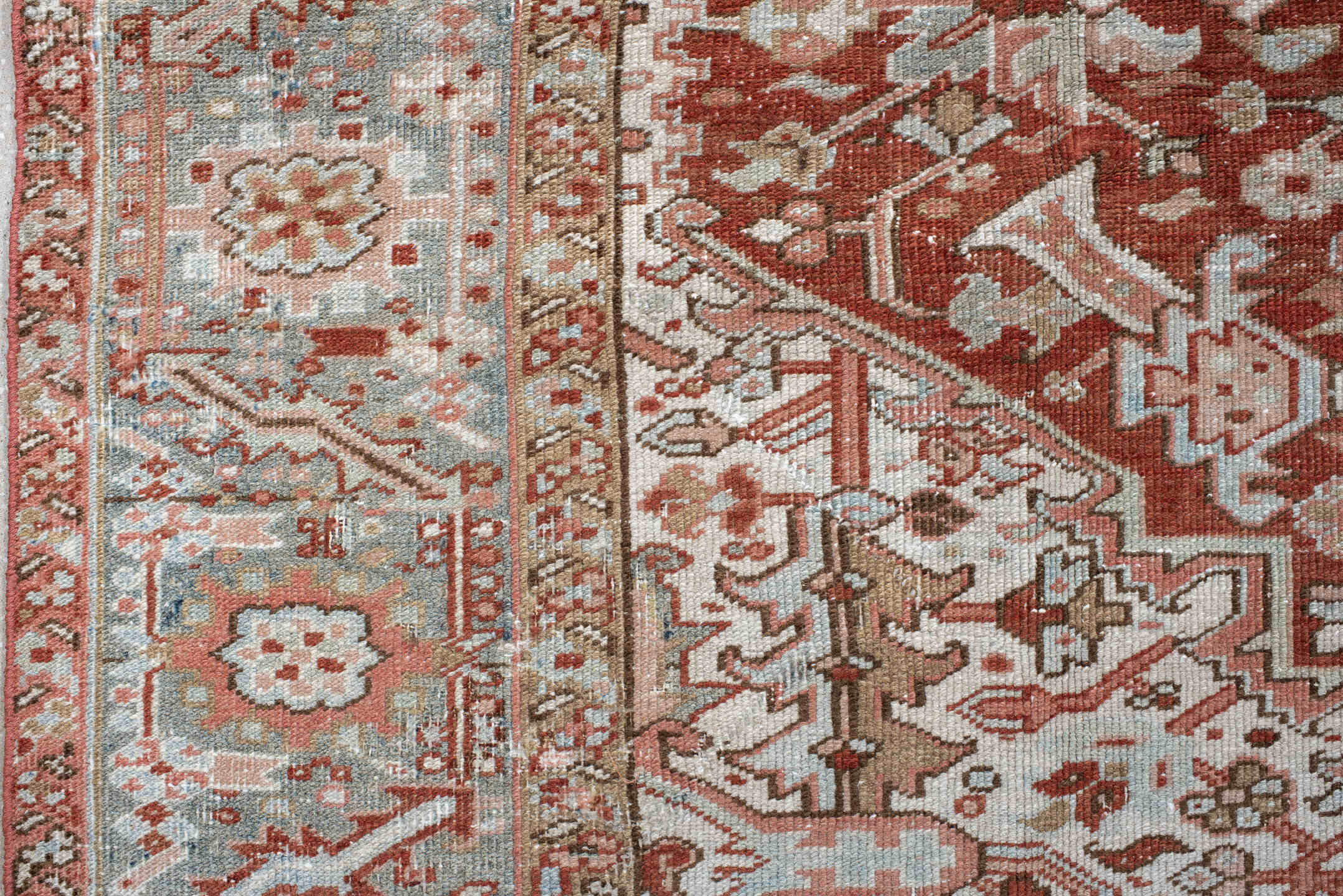 8' x 11' one-of-a-kind handmade vintage Heriz large size rug. Color palette: rust, pale blue, ivory, terra cotta, taupe