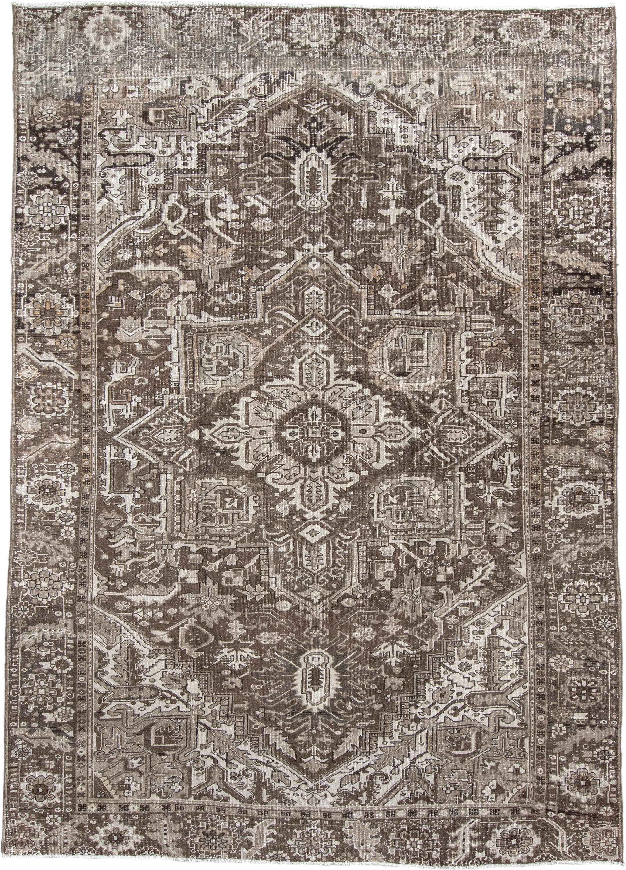 7' x 10' one-of-a-kind handmade antique Heriz large size rug. Color palette: taupe, brown, ivory, charcoal, camel, beige