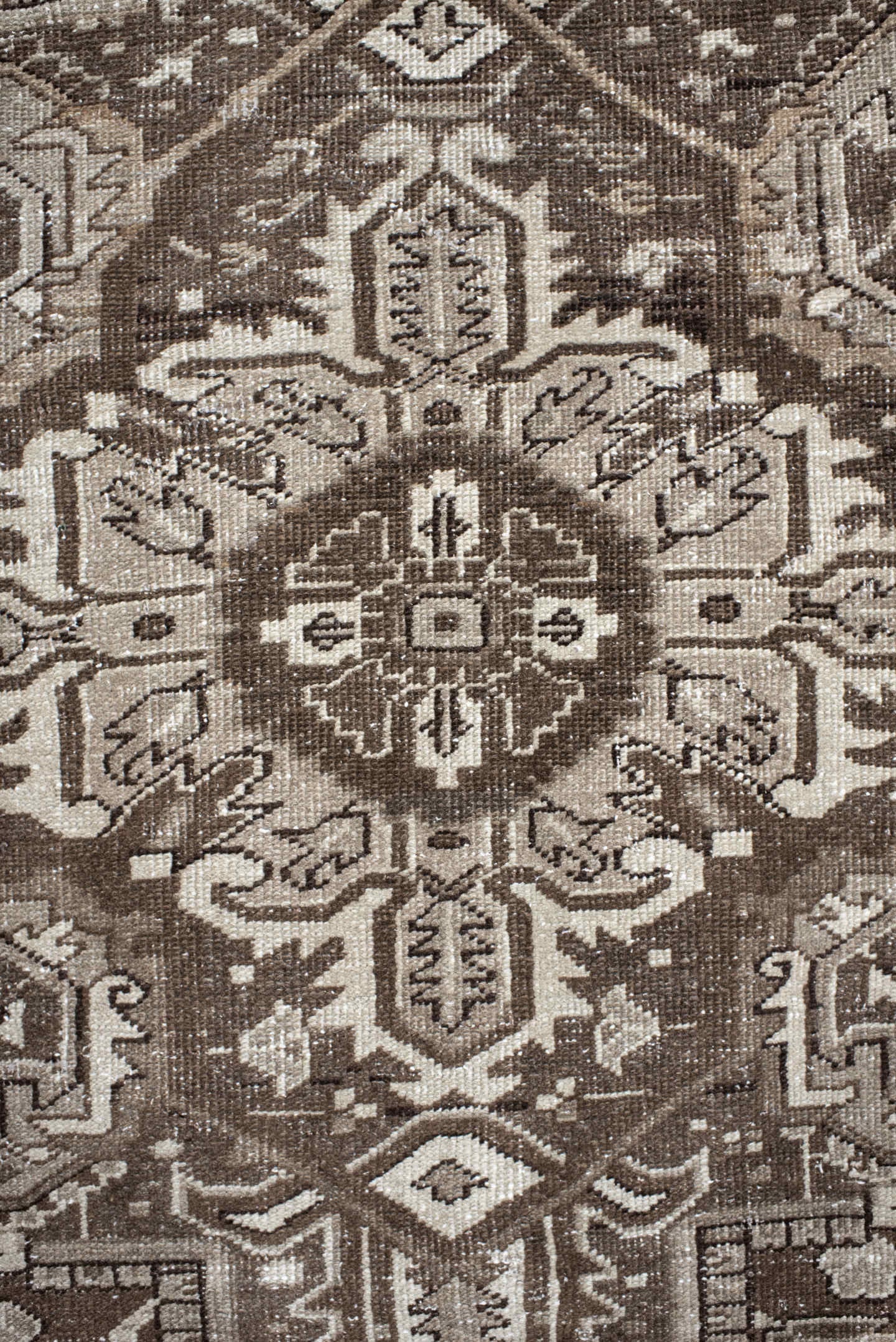 7' x 10' one-of-a-kind handmade antique Heriz large size rug. Color palette: taupe, brown, ivory, charcoal, camel, beige