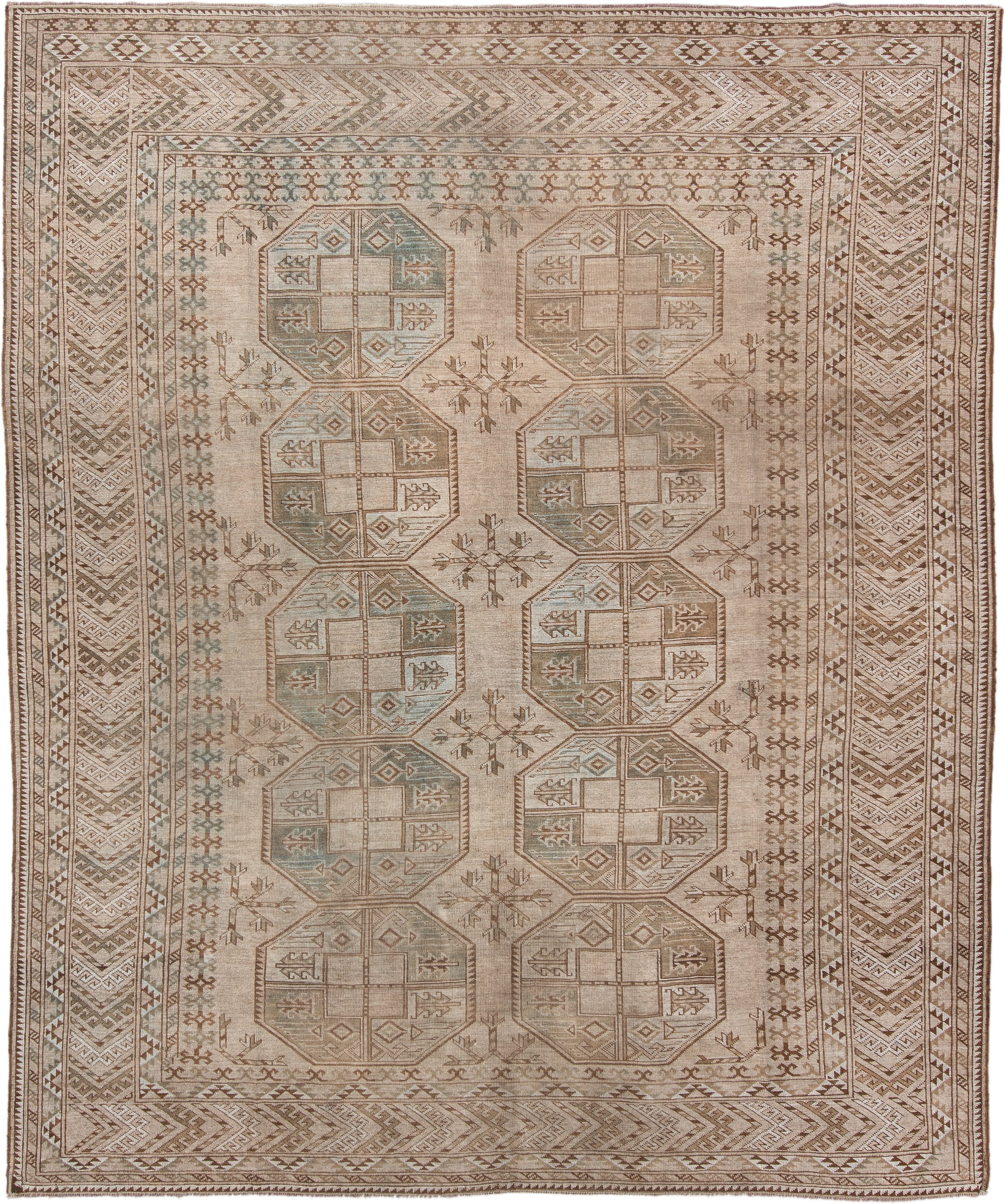 8' x 10' one-of-a-kind handmade antique Afghan large size rug. Color palette: ivory, taupe, camel, sage, brown, beige, gray
