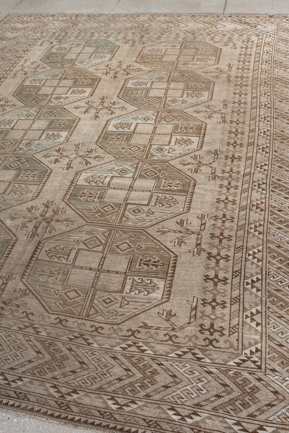 8' x 10' one-of-a-kind handmade antique Afghan large size rug. Color palette: ivory, taupe, camel, sage, brown, beige, gray