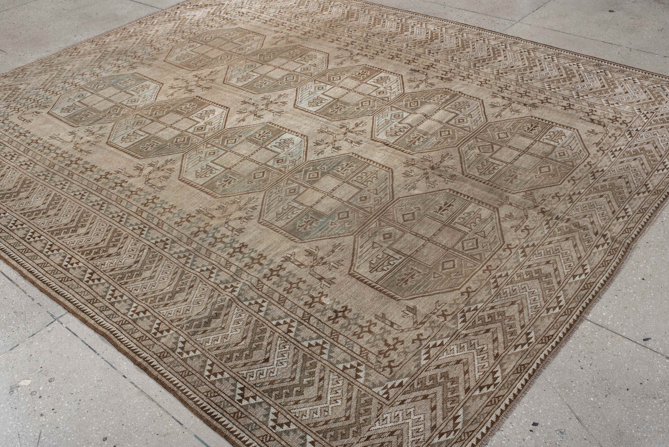 8' x 10' one-of-a-kind handmade antique Afghan large size rug. Color palette: ivory, taupe, camel, sage, brown, beige, gray