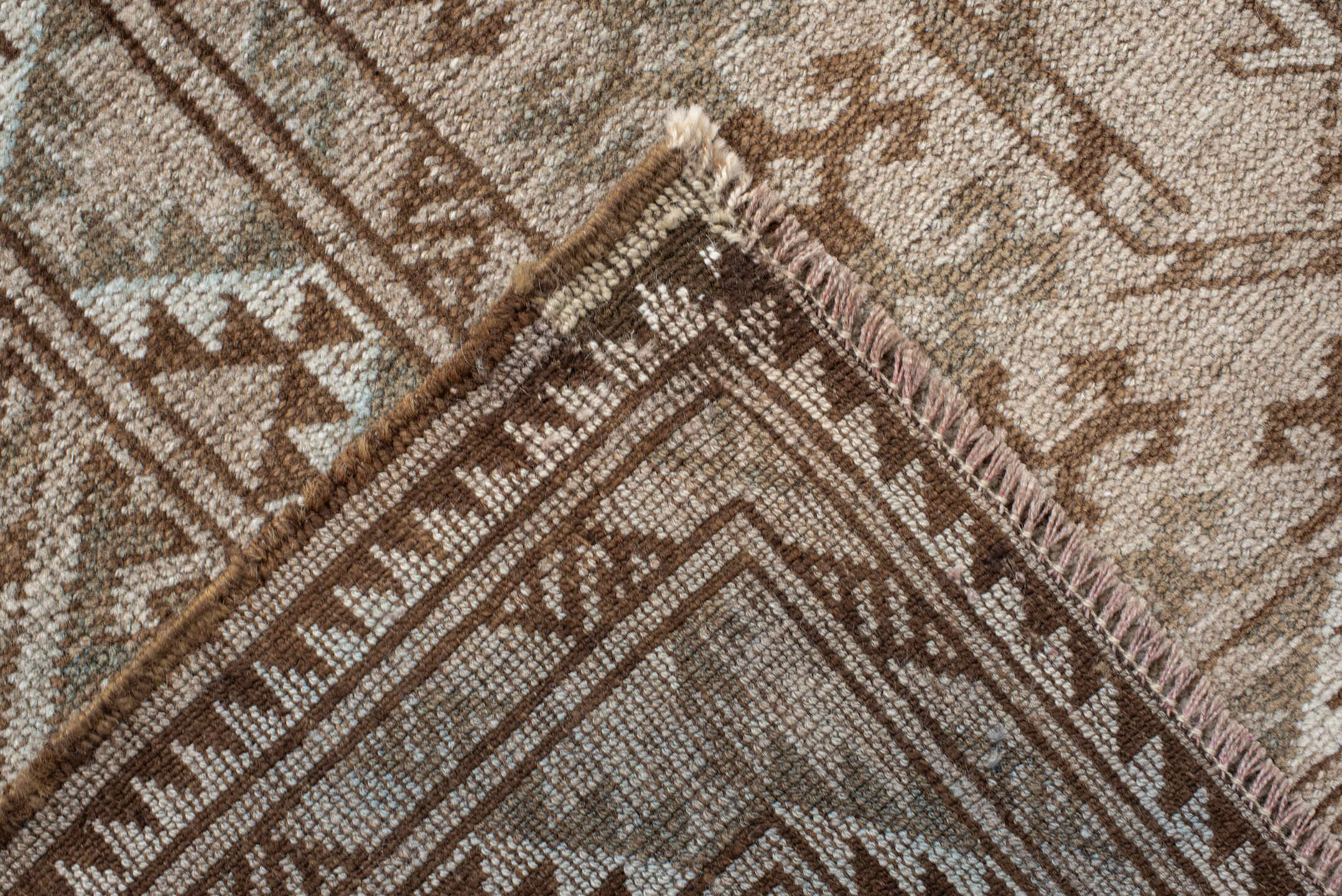 8' x 10' one-of-a-kind handmade antique Afghan large size rug. Color palette: ivory, taupe, camel, sage, brown, beige, gray