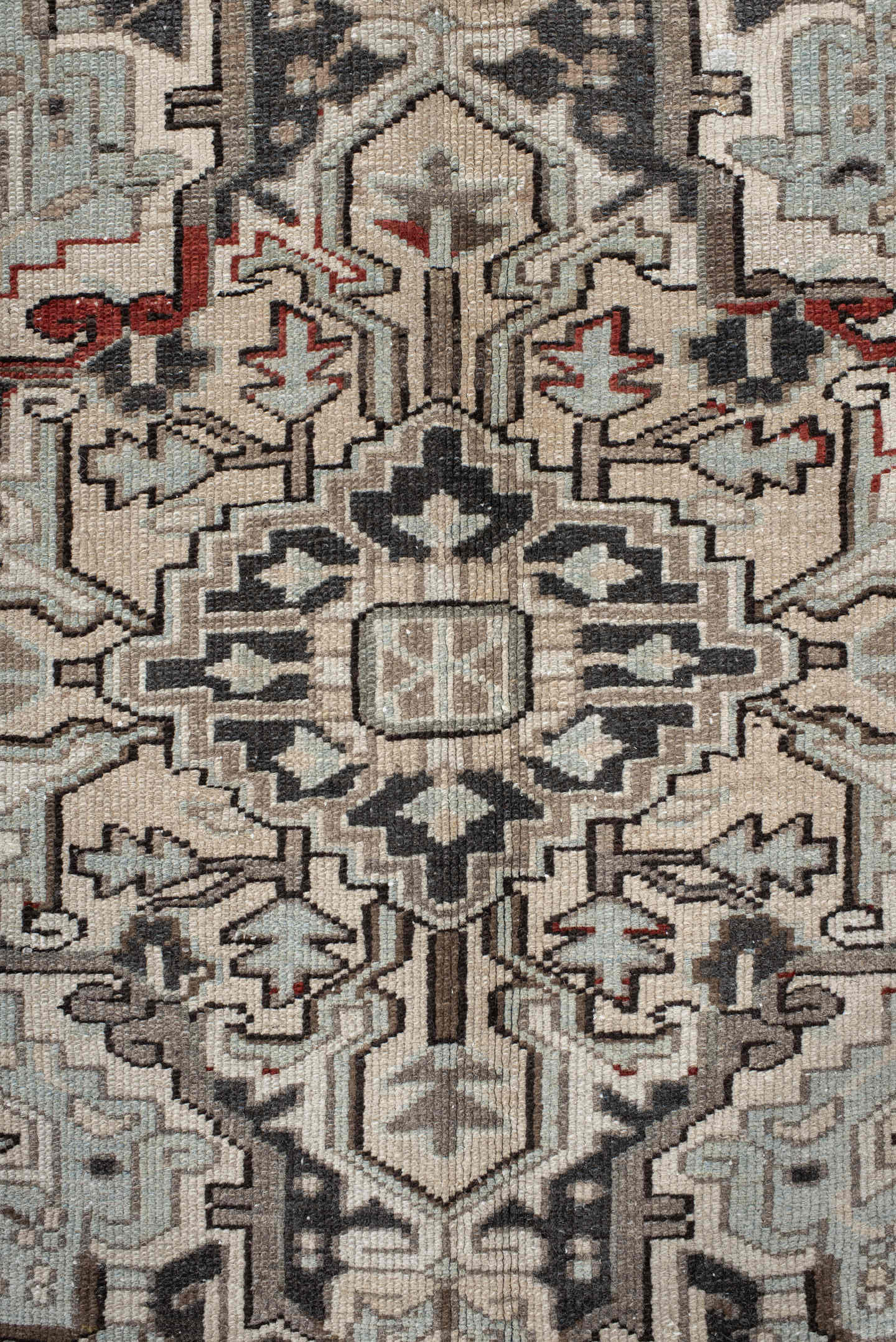 9' x 11' one-of-a-kind handmade antique Heriz large size rug. Color palette: ivory, taupe, charcoal, sky_blue, brown, rust