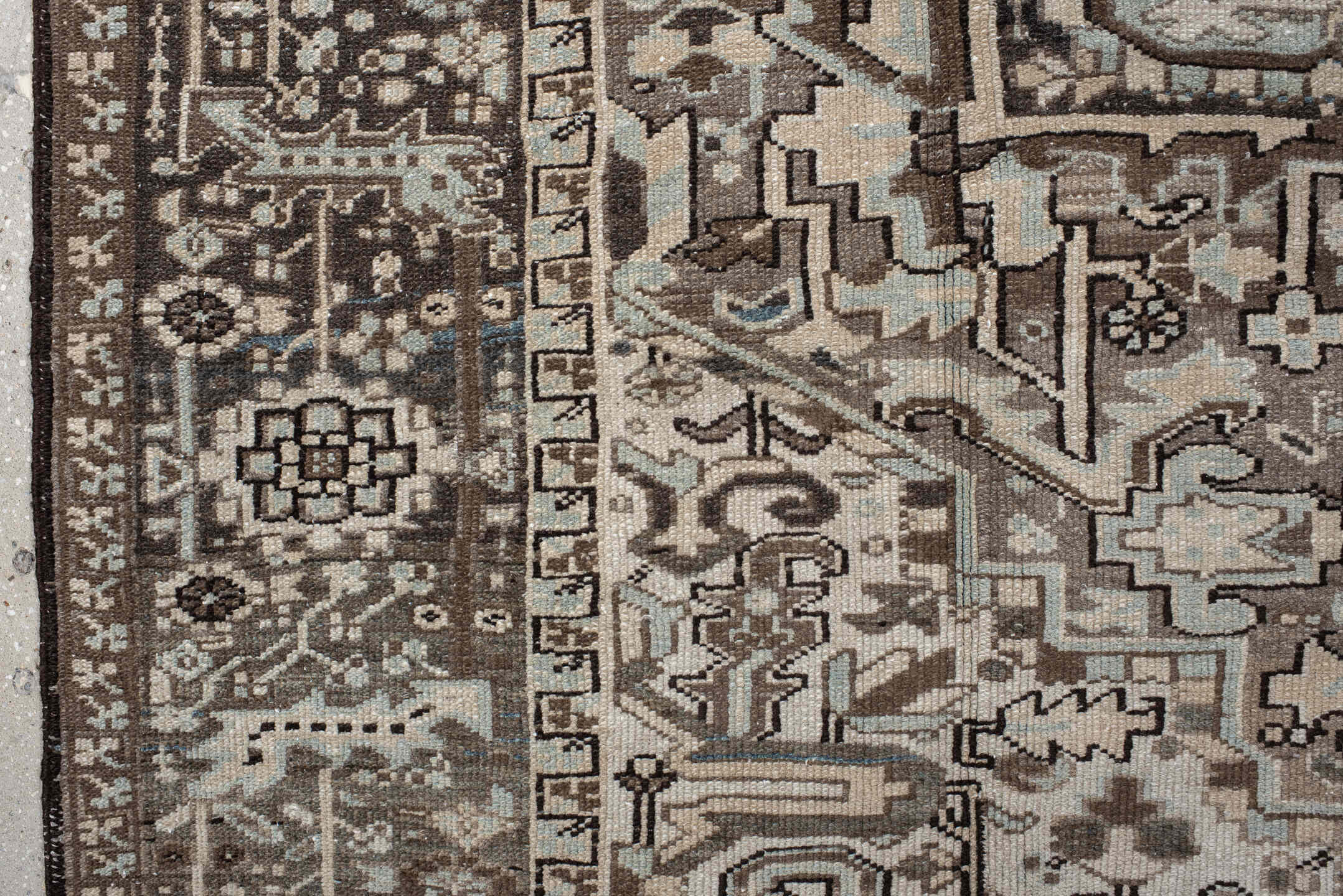 9' x 11' one-of-a-kind handmade vintage Heriz large size rug. Color palette: black, blue, brown, dark gray, gray, light gray