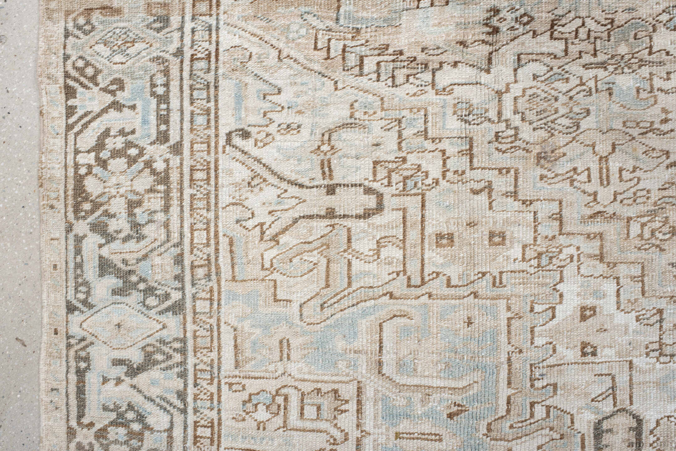 8' x 9' one-of-a-kind handmade vintage Heriz rug. Color palette: gray, off-white, light gray, pink, brown, dark gray