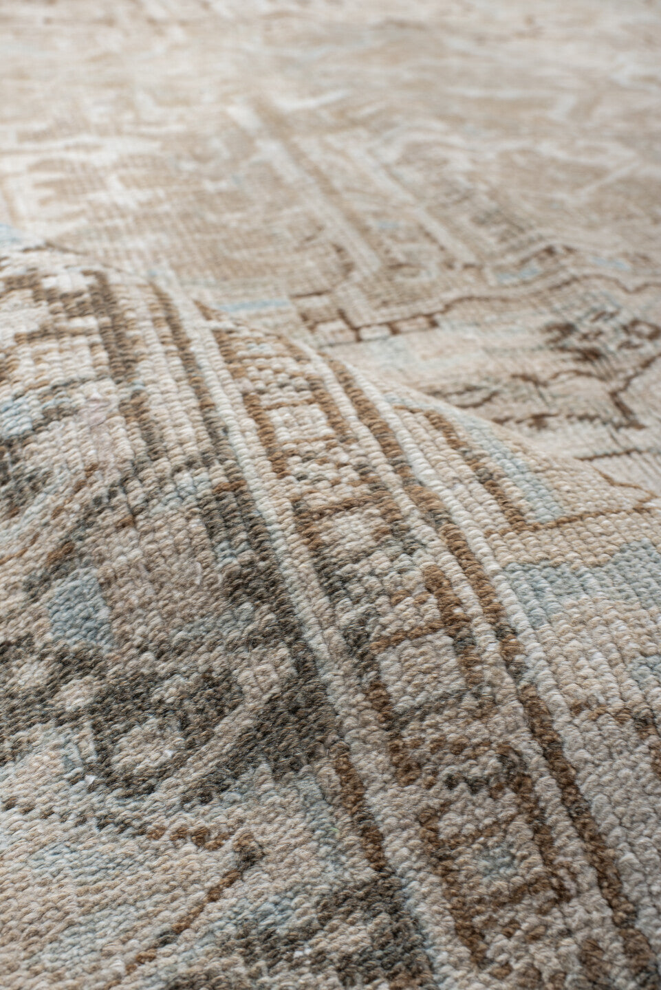 8' x 9' one-of-a-kind handmade vintage Heriz rug. Color palette: gray, off-white, light gray, pink, brown, dark gray