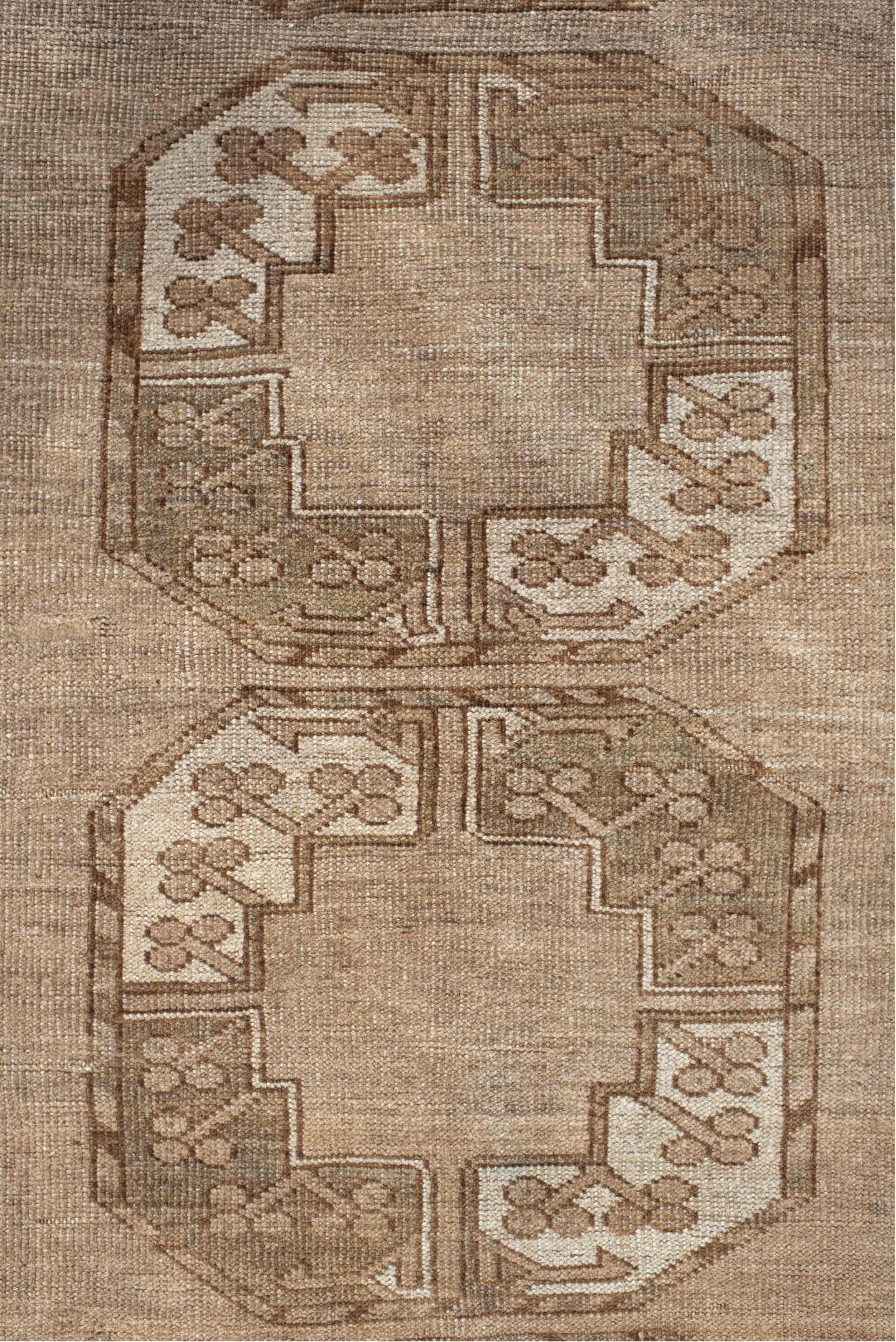 7' x 9' one-of-a-kind handmade vintage Afghan rug. Color palette: brown, gray, light gray, off-white, orange