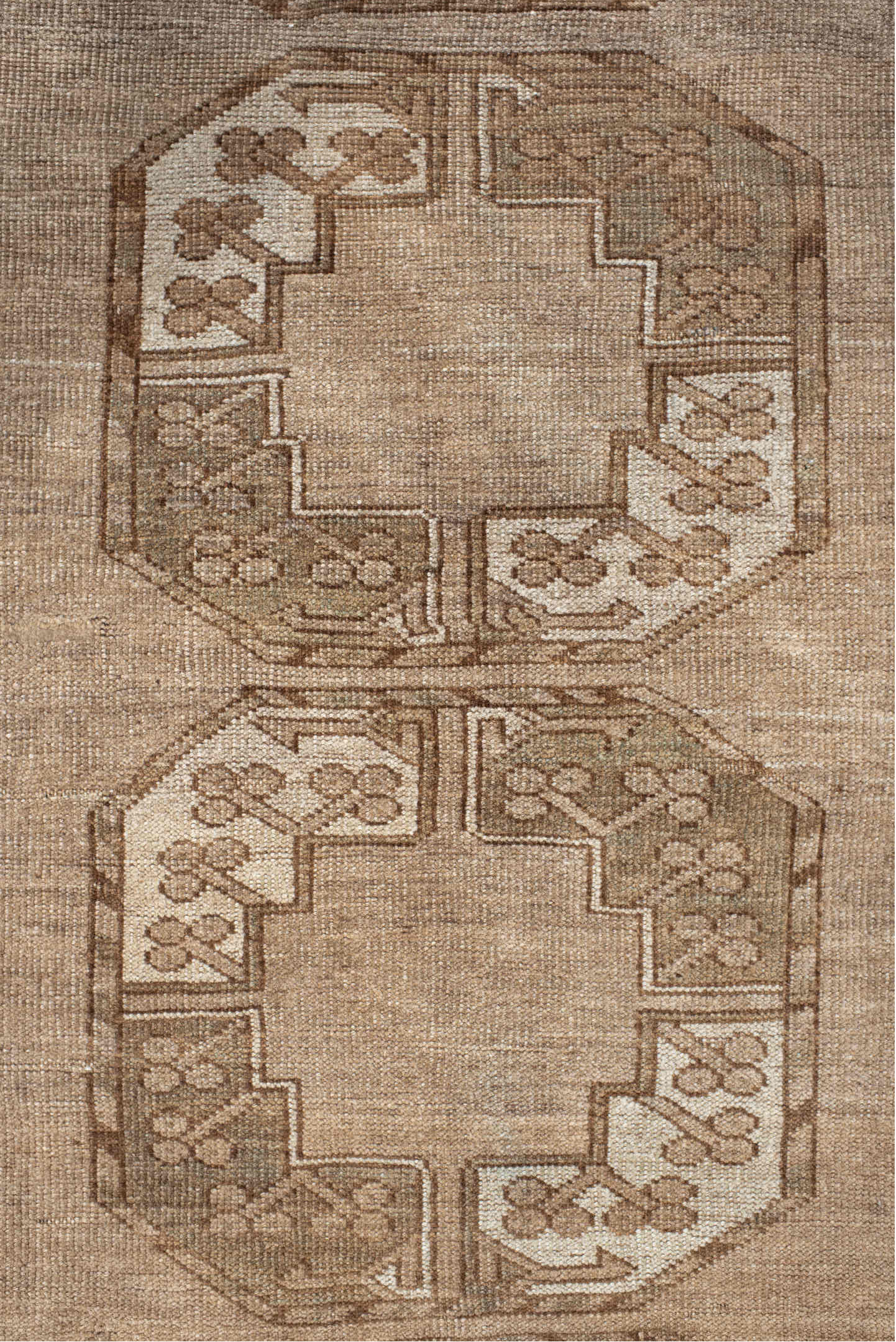 7' x 9' one-of-a-kind handmade vintage Afghan rug. Color palette: brown, gray, light gray, off-white, orange