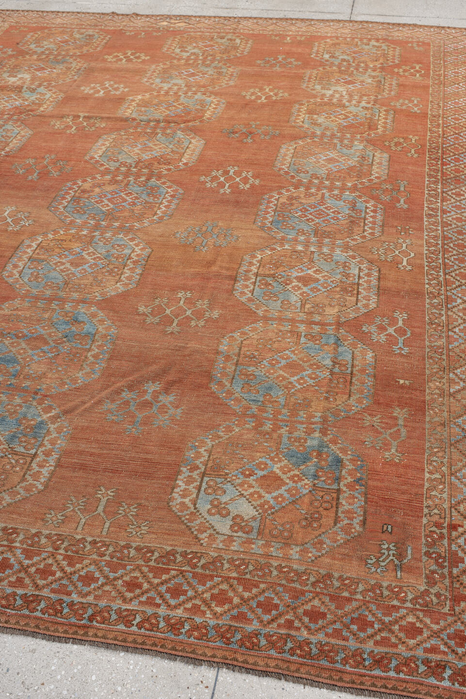 8' x 10' one-of-a-kind handmade antique Afghan large size rug. Color palette: terra cotta, rust, faded blue, salmon, camel