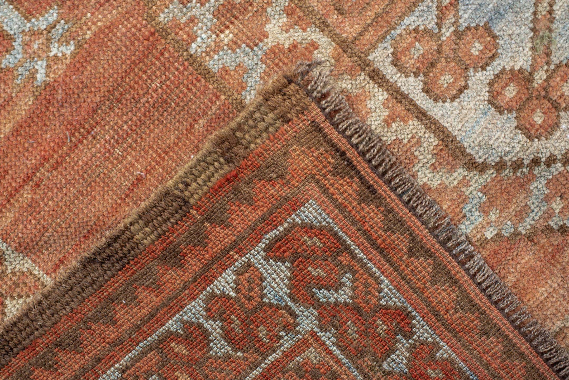 8' x 10' one-of-a-kind handmade antique Afghan large size rug. Color palette: terra cotta, rust, faded blue, salmon, camel