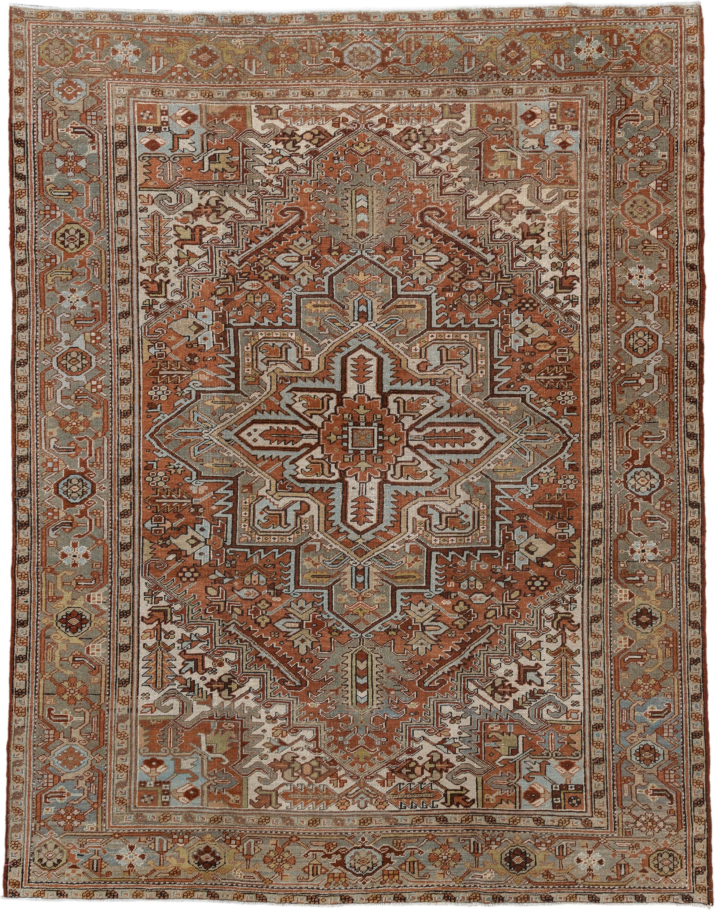 8' x 10' one-of-a-kind handmade antique Heriz large size rug. Color palette: terra cotta, blue-gray, ivory, taupe, rust