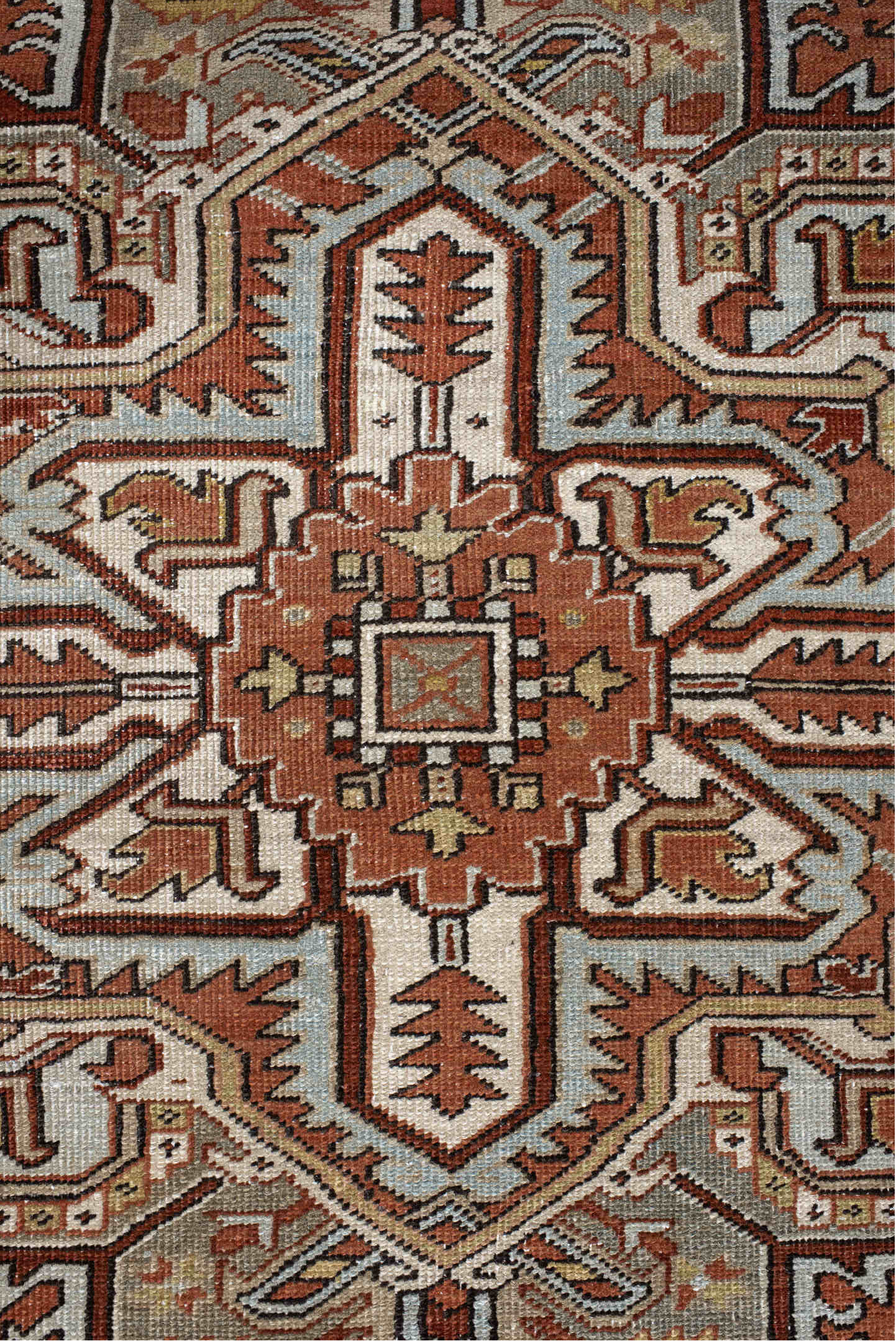 8' x 10' one-of-a-kind handmade antique Heriz large size rug. Color palette: terra cotta, blue-gray, ivory, taupe, rust