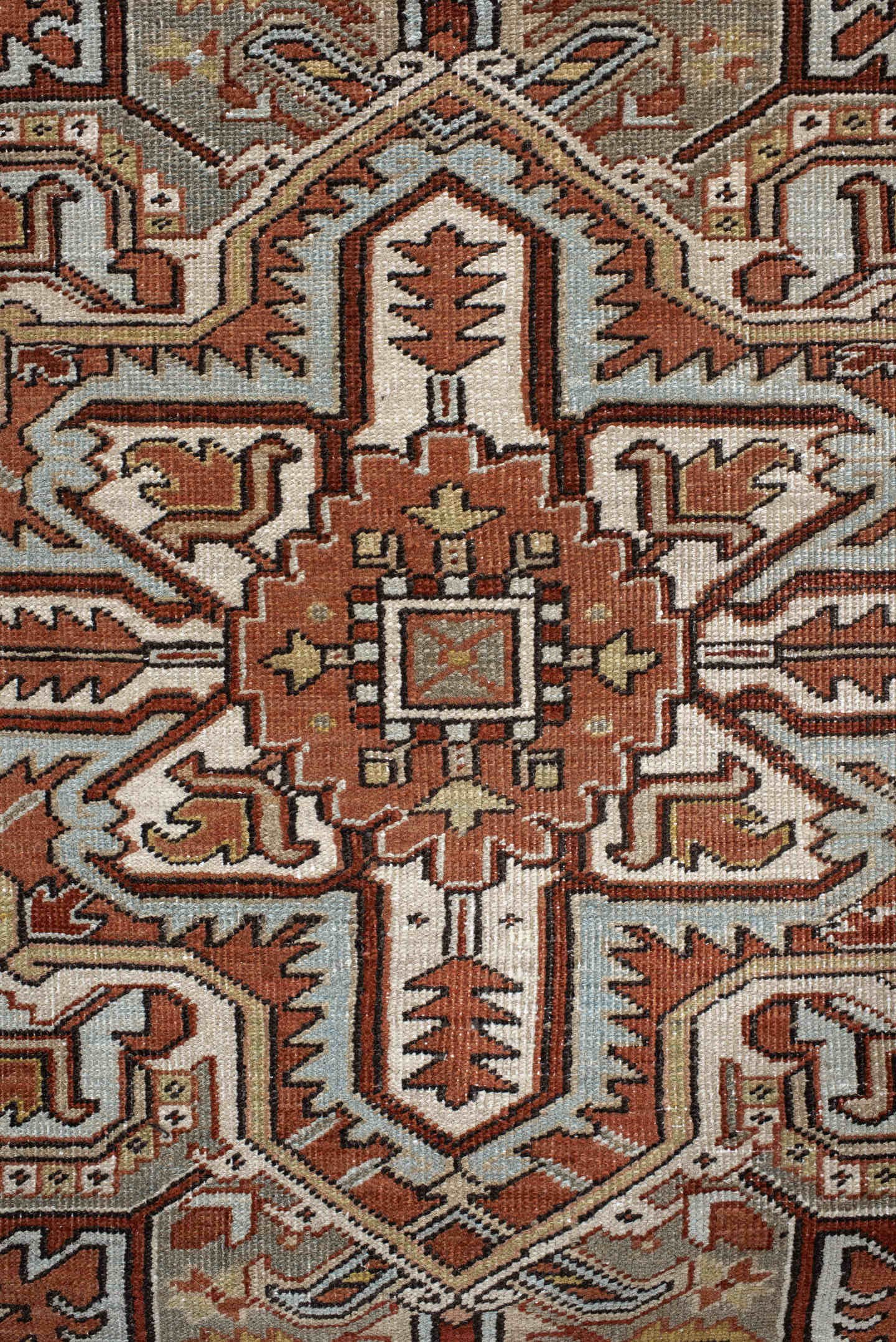 8' x 10' one-of-a-kind handmade antique Heriz large size rug. Color palette: terra cotta, blue-gray, ivory, taupe, rust