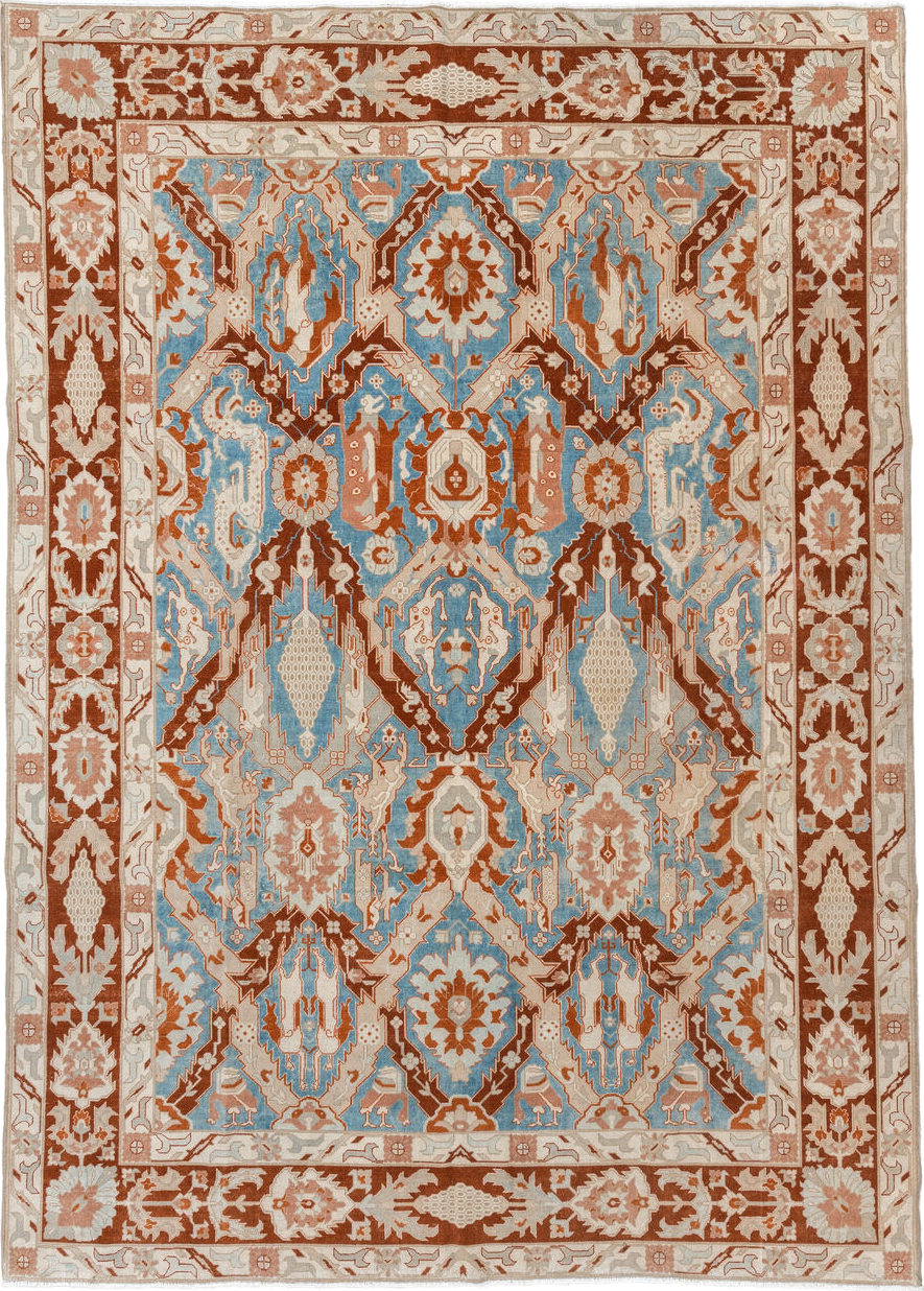 8' x 11' one-of-a-kind handmade vintage large size rug. Color palette: blue, brown, gray, light gray, off-white, orange