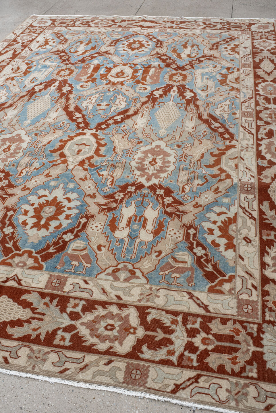 8' x 11' one-of-a-kind handmade vintage large size rug. Color palette: blue, brown, gray, light gray, off-white, orange