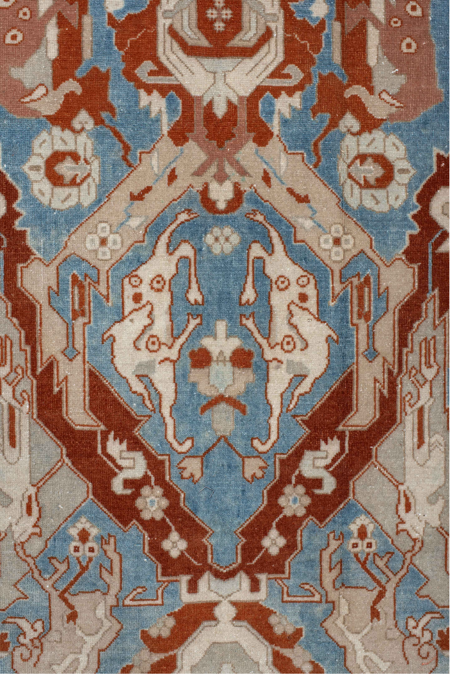 8' x 11' one-of-a-kind handmade vintage large size rug. Color palette: blue, brown, gray, light gray, off-white, orange