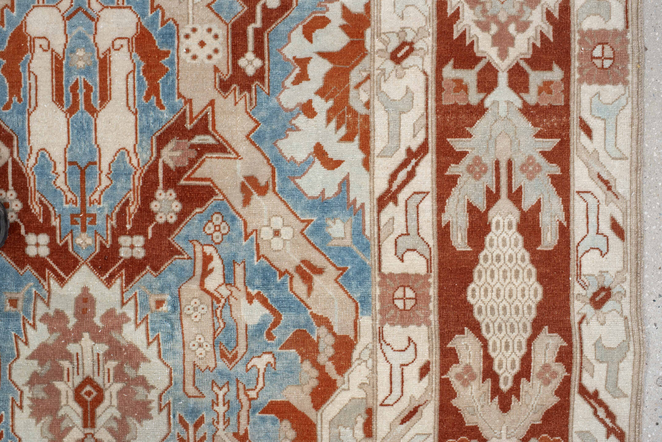 8' x 11' one-of-a-kind handmade vintage large size rug. Color palette: blue, brown, gray, light gray, off-white, orange