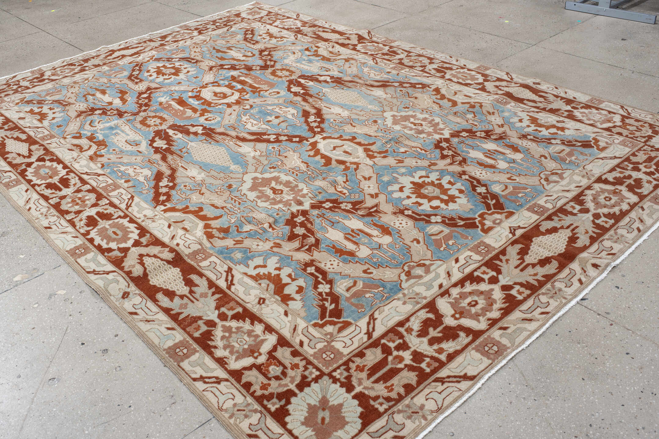 8' x 11' one-of-a-kind handmade vintage large size rug. Color palette: blue, brown, gray, light gray, off-white, orange