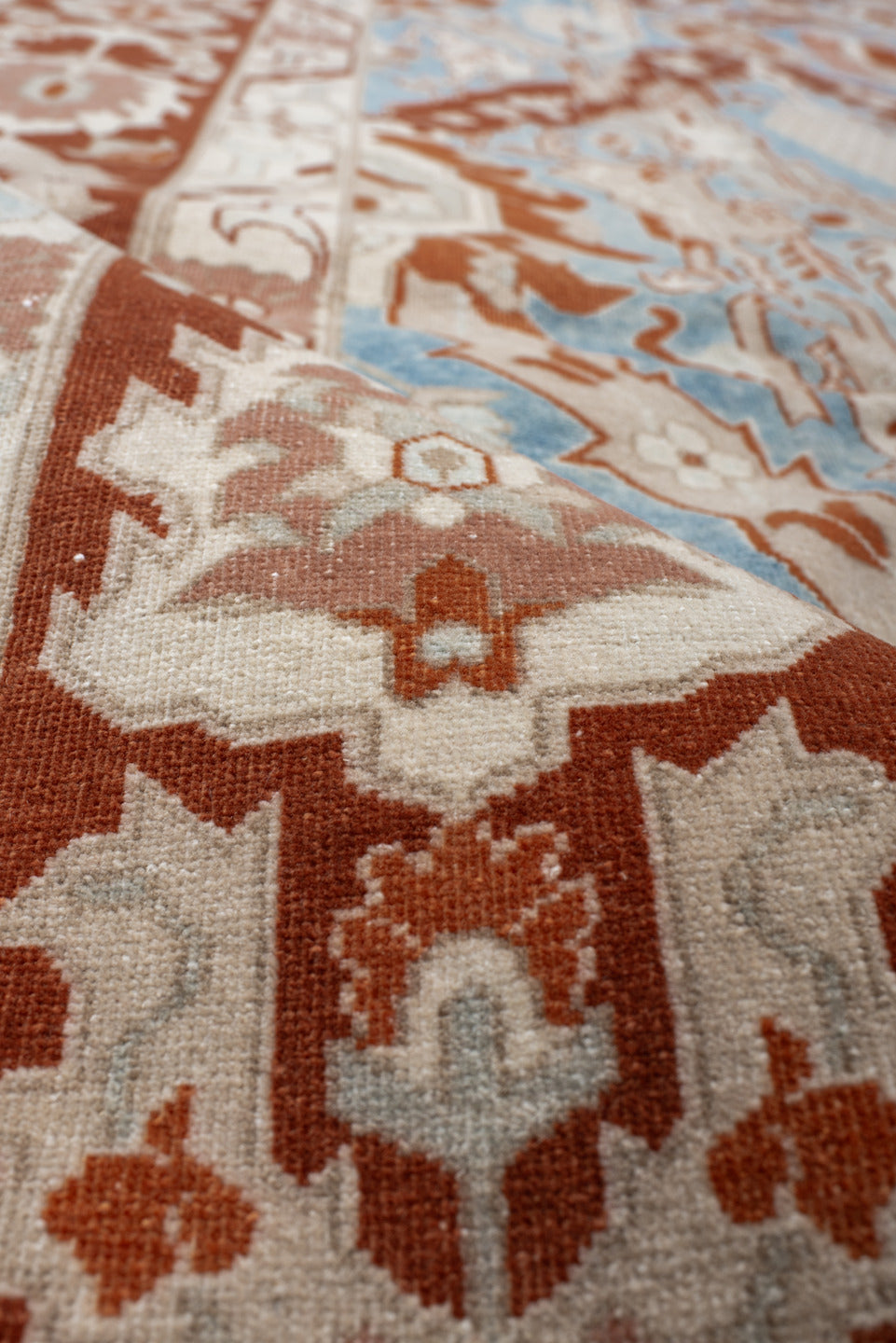 8' x 11' one-of-a-kind handmade vintage large size rug. Color palette: blue, brown, gray, light gray, off-white, orange