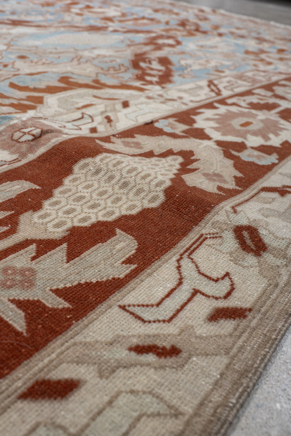 8' x 11' one-of-a-kind handmade vintage Tabriz large size rug. Color palette: sky blue, ivory, rust, beige, camel, taupe