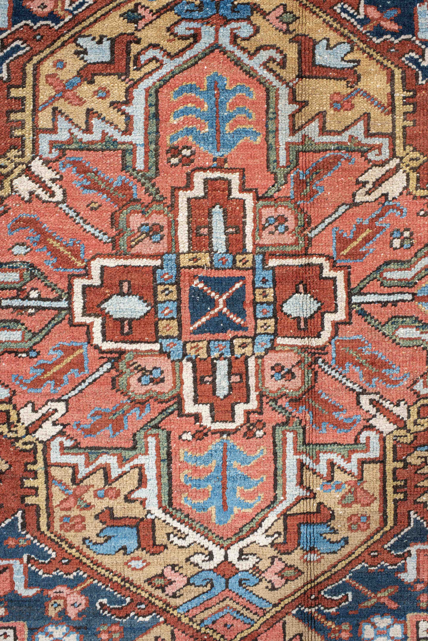 8' x 10' one-of-a-kind handmade antique Heriz large size rug. Color palette: rust, navy, ivory, sky blue, camel, coral, sage