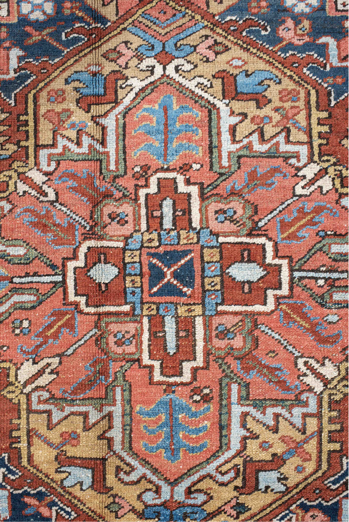 8' x 10' one-of-a-kind handmade antique Heriz large size rug. Color palette: rust, navy, ivory, sky blue, camel, coral, sage