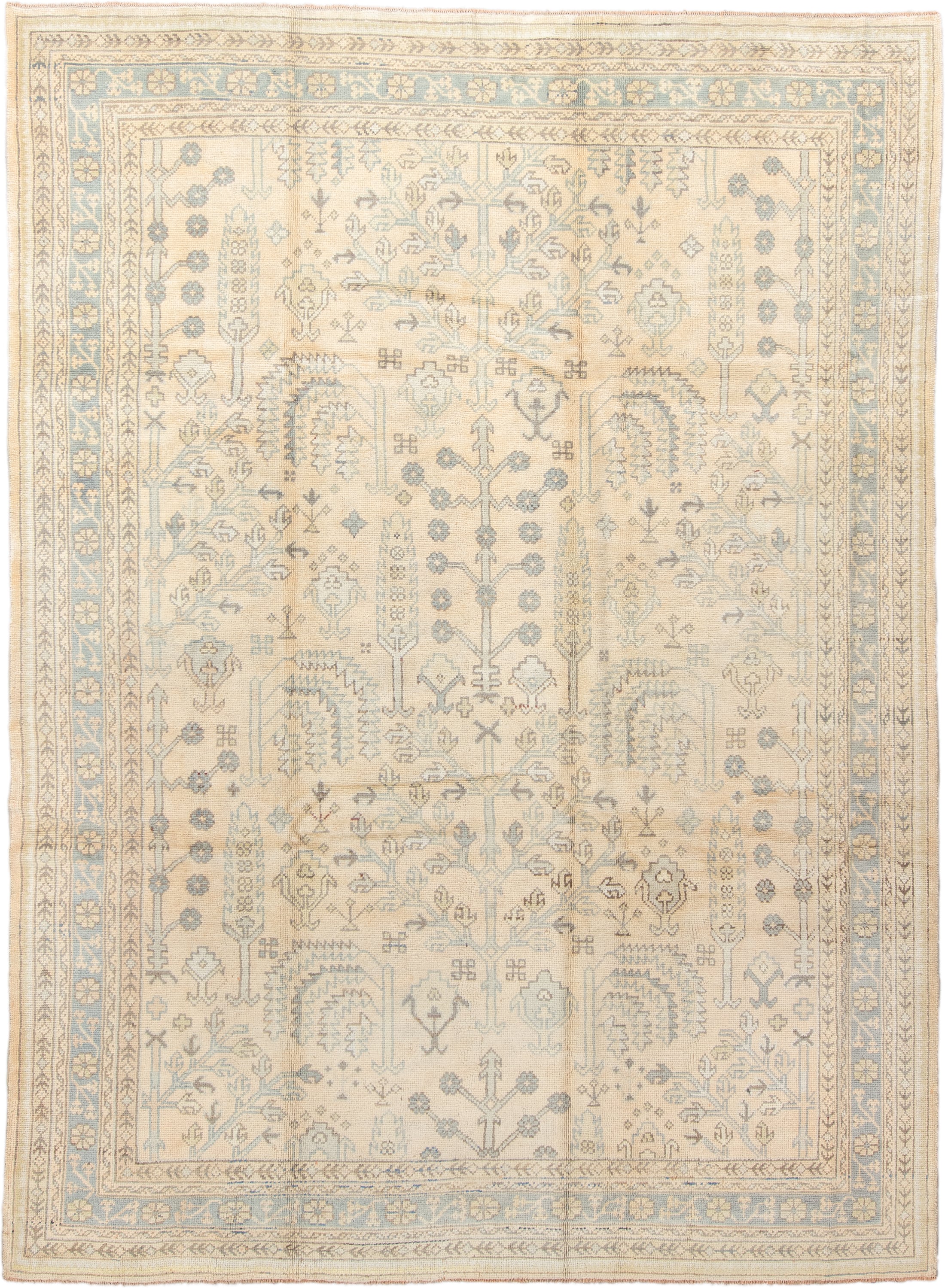 8' x 11' one-of-a-kind handmade antique Oushak large size rug. Color palette: ivory, powder_blue, beige, taupe, pale_gold