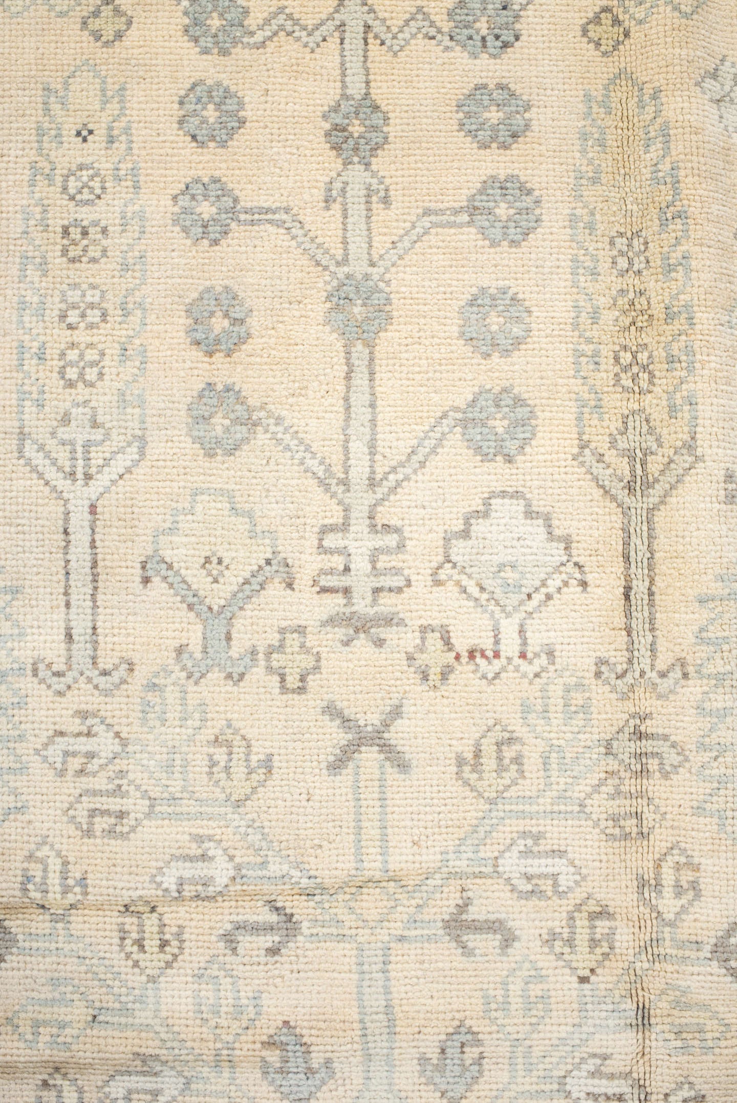 8' x 11' one-of-a-kind handmade antique Oushak large size rug. Color palette: ivory, powder_blue, beige, taupe, pale_gold