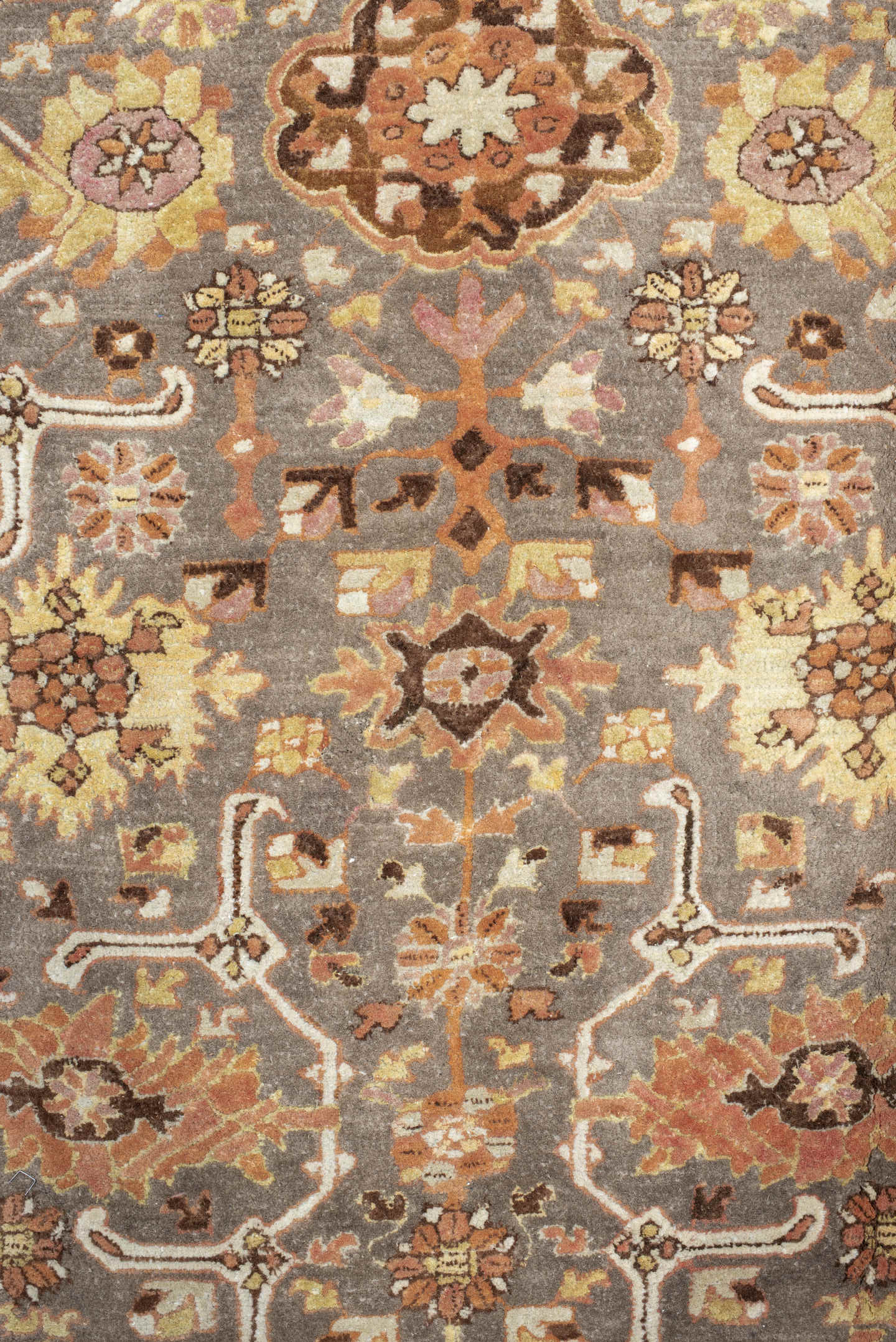 8' x 11' one-of-a-kind handmade antique Hooked large size rug. Color palette: taupe, rose, ivory, coral, ochre, brown, sage