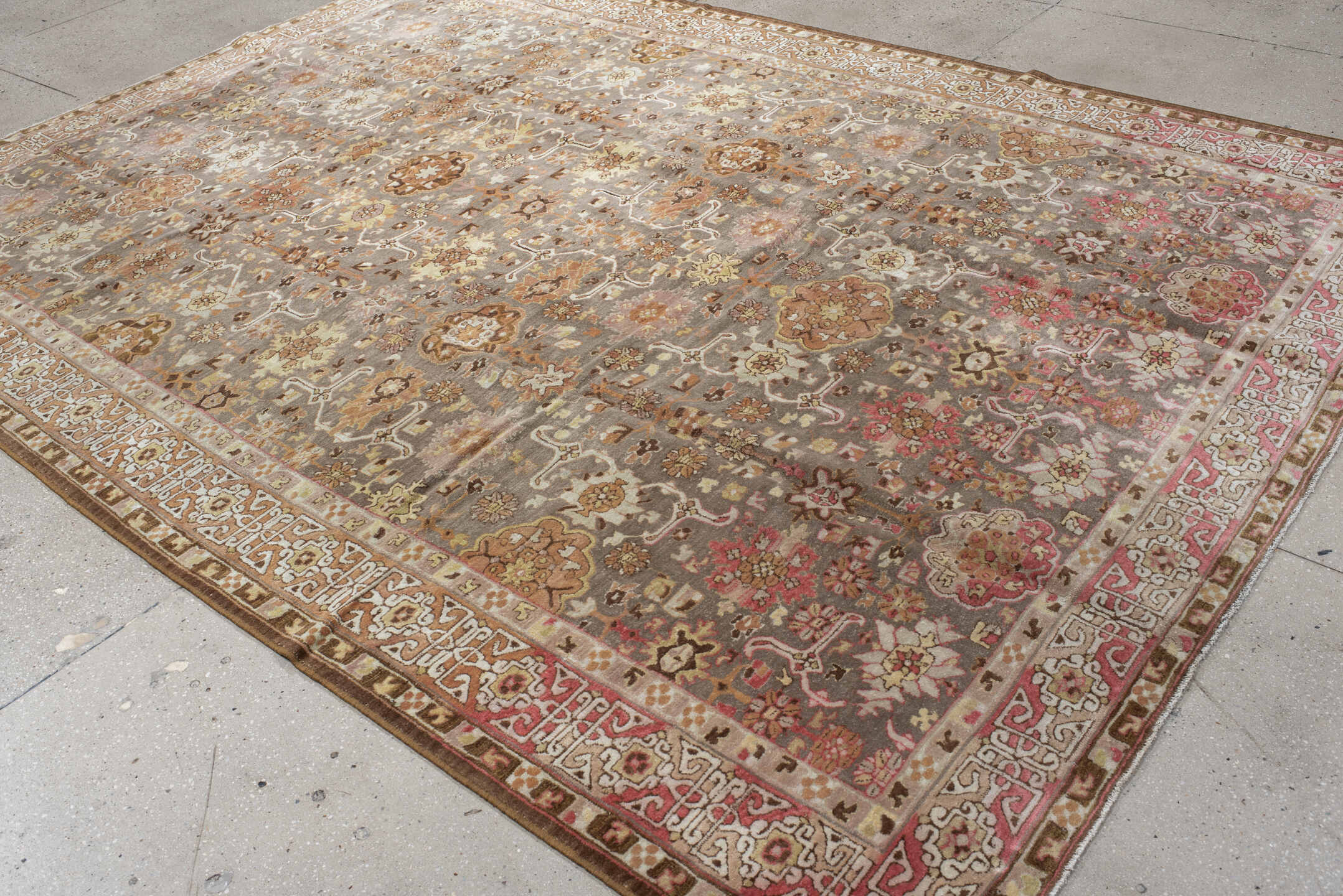 8' x 11' one-of-a-kind handmade antique Hooked large size rug. Color palette: taupe, rose, ivory, coral, ochre, brown, sage