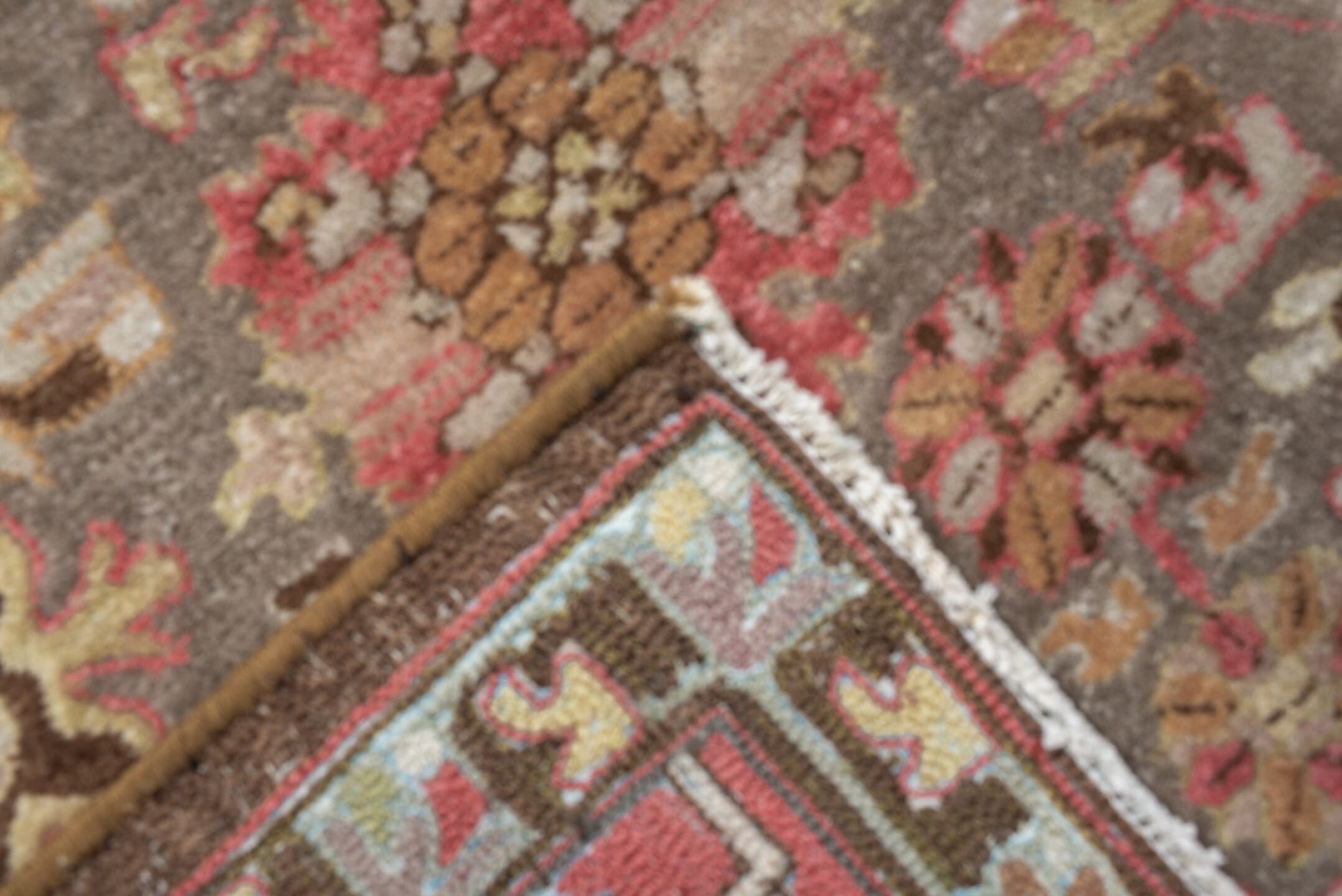 8' x 11' one-of-a-kind handmade antique Hooked large size rug. Color palette: taupe, rose, ivory, coral, ochre, brown, sage