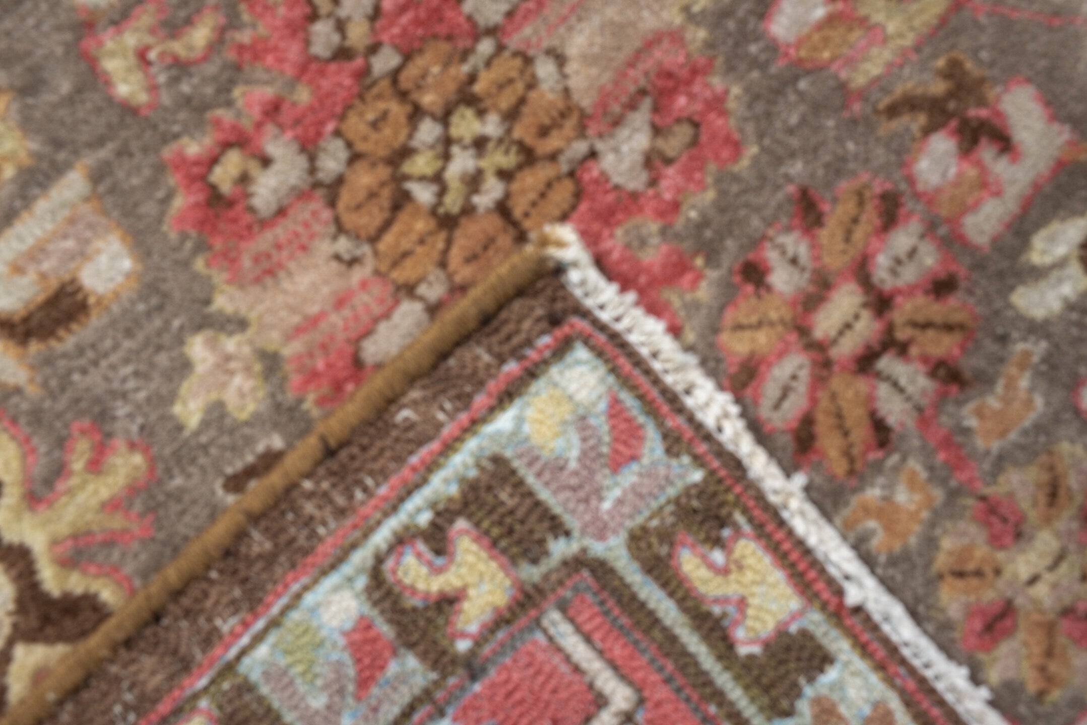 8' x 11' one-of-a-kind handmade antique Hooked large size rug. Color palette: taupe, rose, ivory, coral, ochre, brown, sage