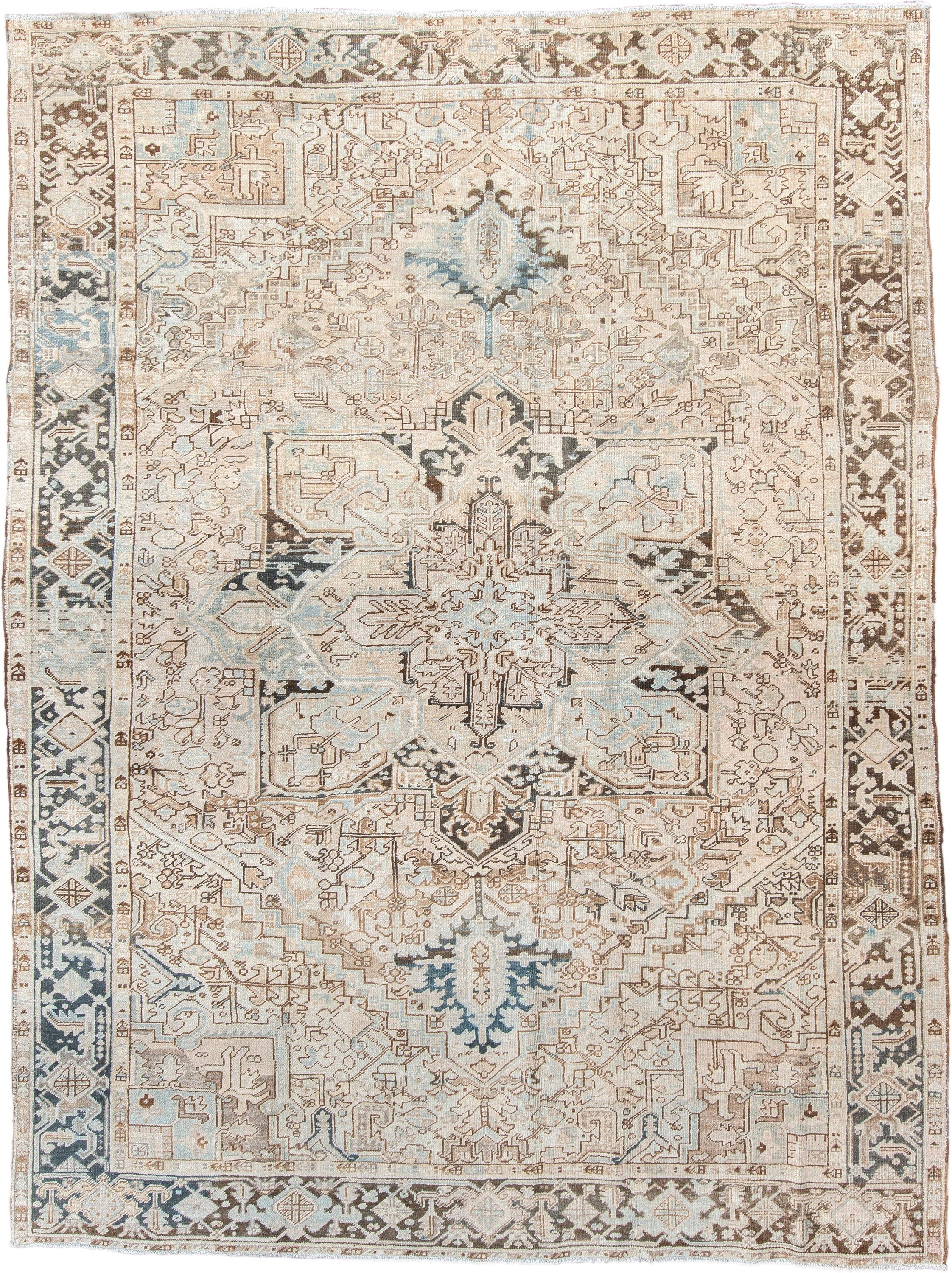 8' x 10' one-of-a-kind handmade vintage Heriz large size rug. Color palette: ivory, taupe, charcoal, light blue, beige