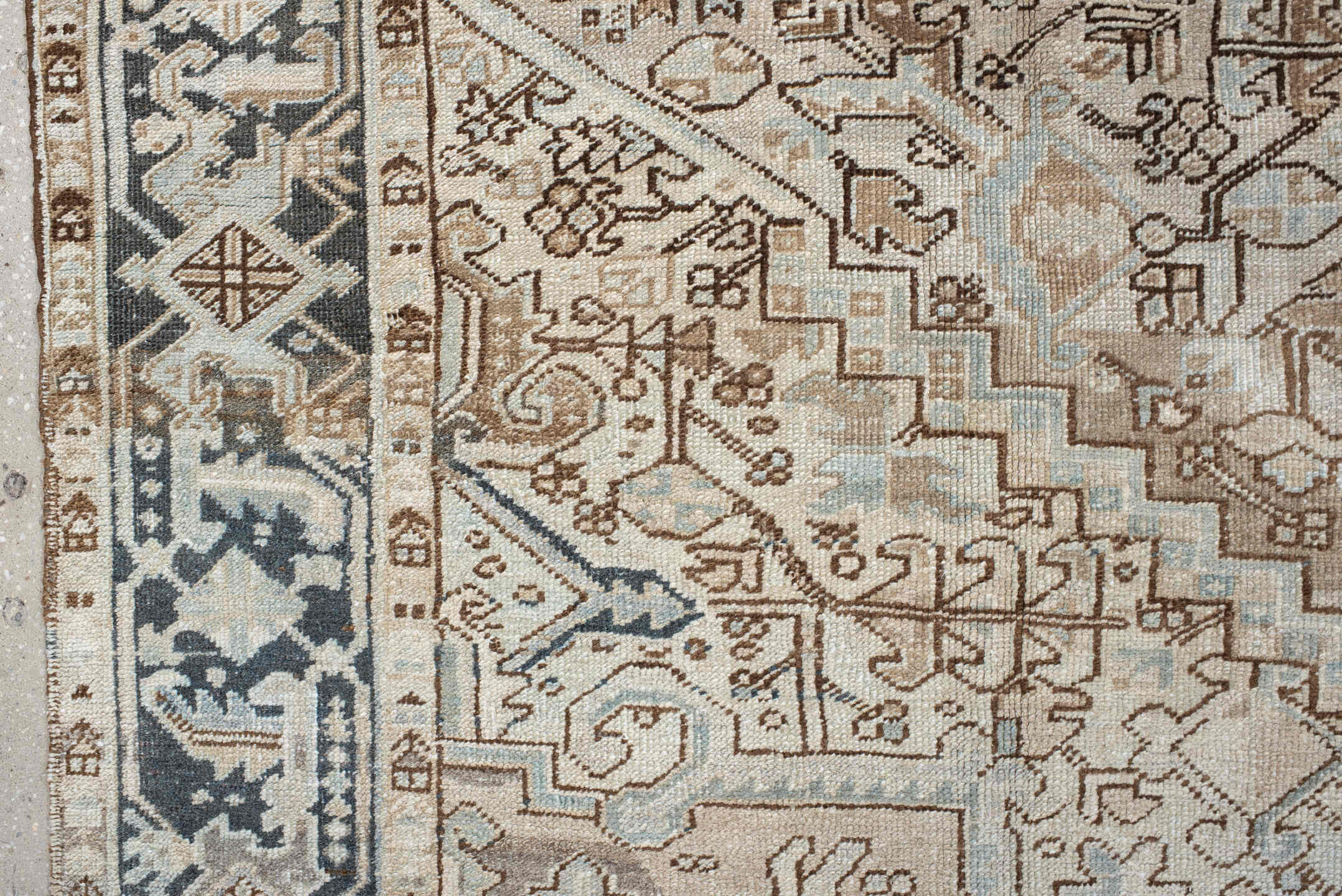 8' x 10' one-of-a-kind handmade vintage Heriz large size rug. Color palette: ivory, taupe, charcoal, light blue, beige