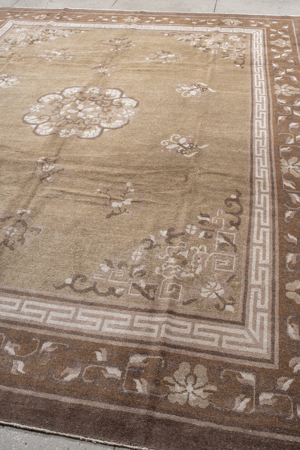 9' x 11' one-of-a-kind handmade antique Chinese large size rug. Color palette: taupe, camel, ivory, rose, brown, sage, beige